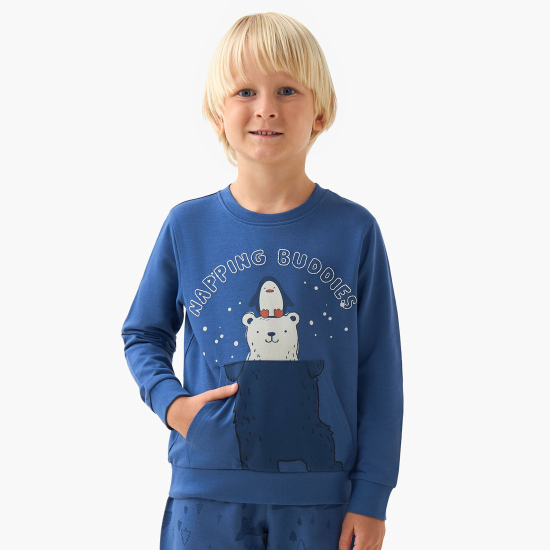 Juniors Cotton Crew Neck Long Sleeves Pyjama Set with Bear Print