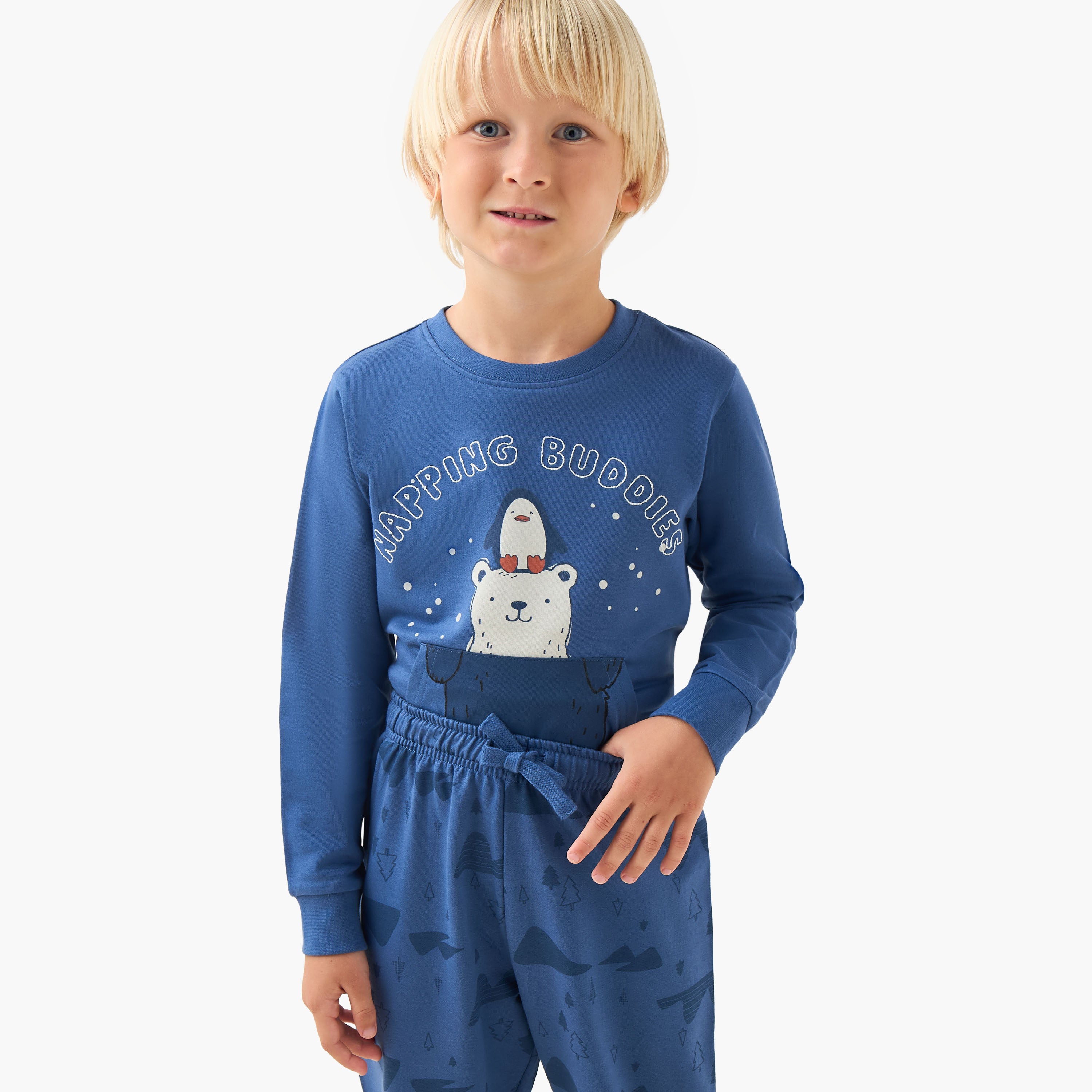 Juniors Cotton Crew Neck Long Sleeves Pyjama Set with Bear Print