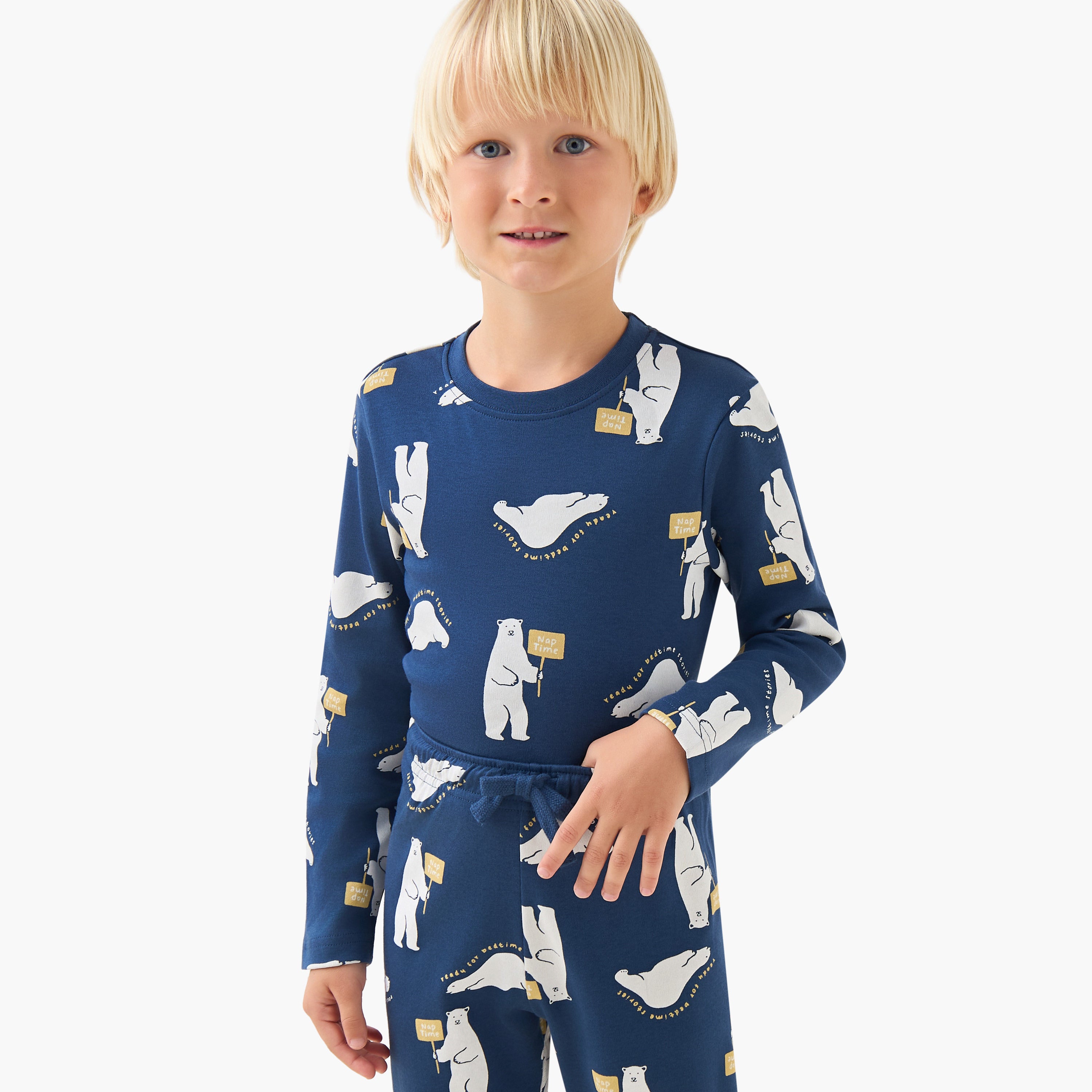 Juniors Cotton Round Neck Long Sleeves Pyjama Set with Graphic Print