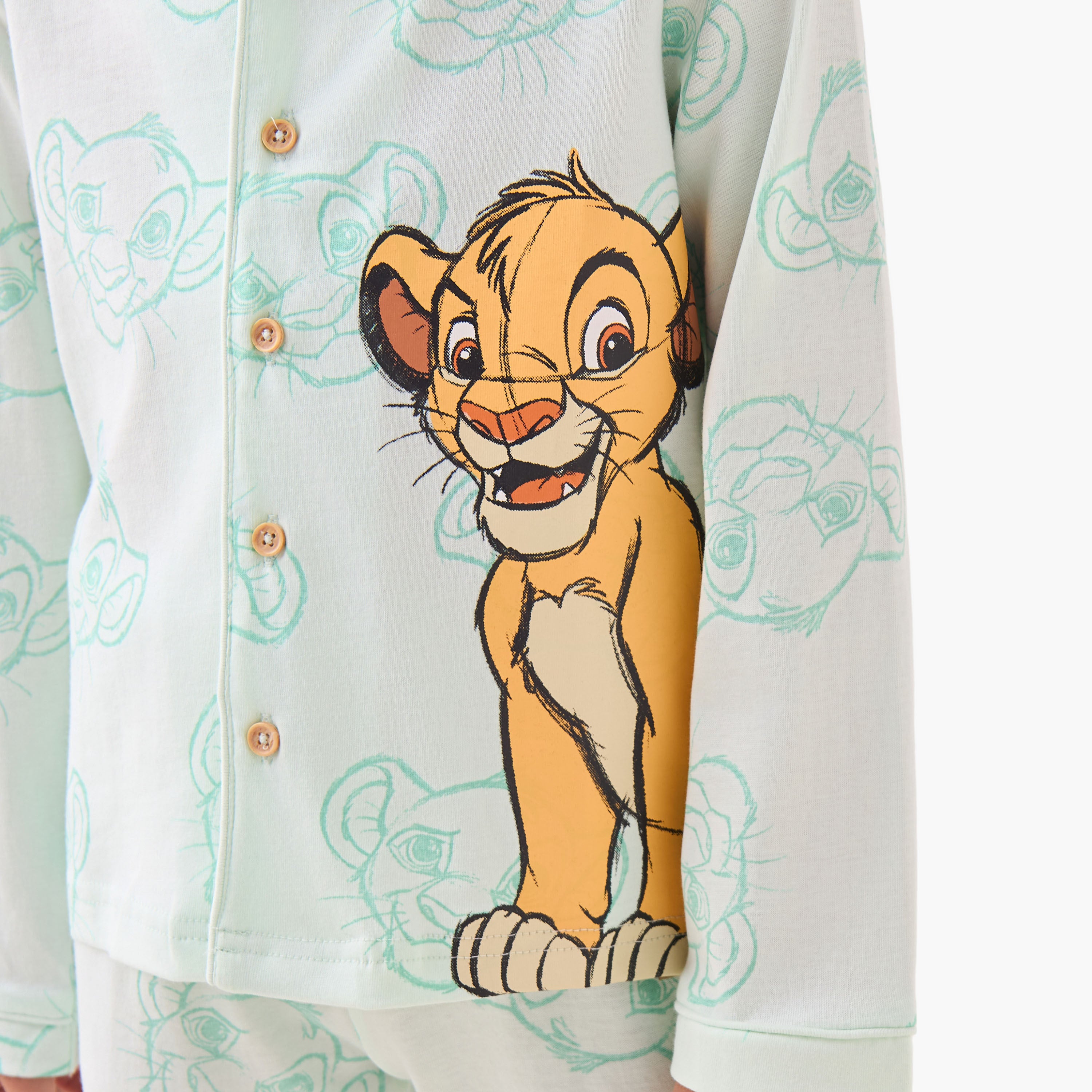 Disney Cotton Collared Long Sleeves Pyjama Set with Simba Print