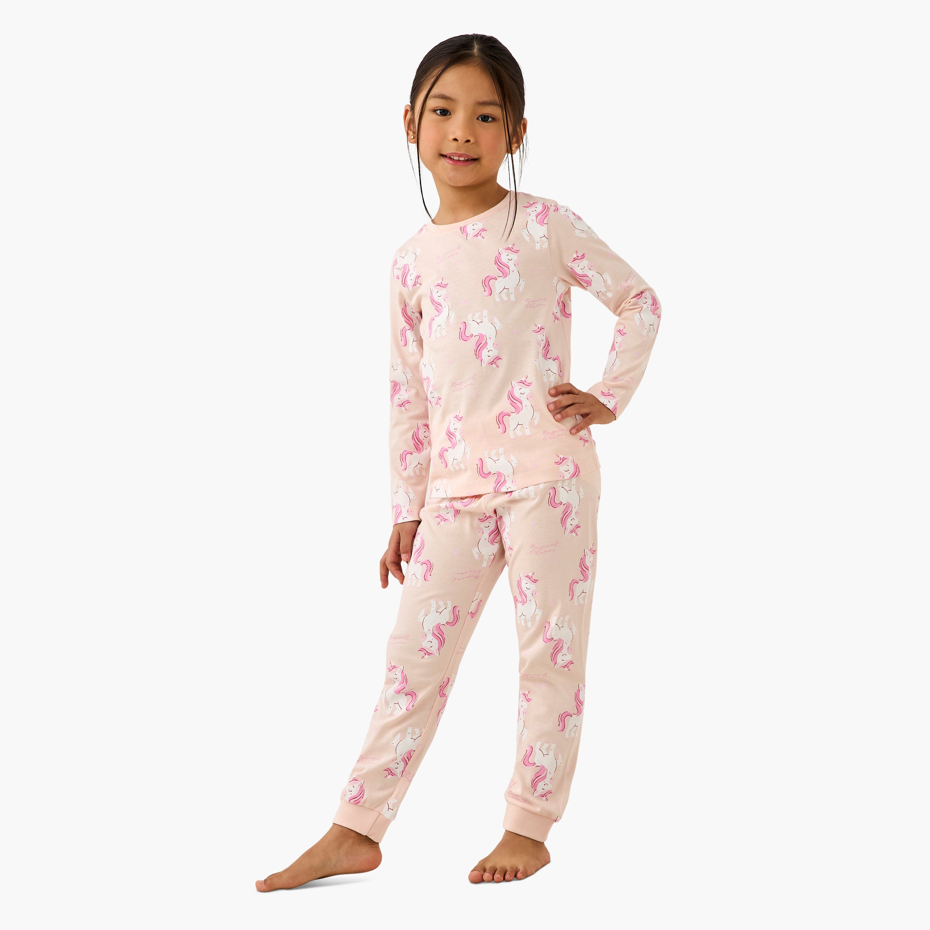 Pack of 2 Cotton Crew Neck Long Sleeve Pyjama Set with Unicorn Print