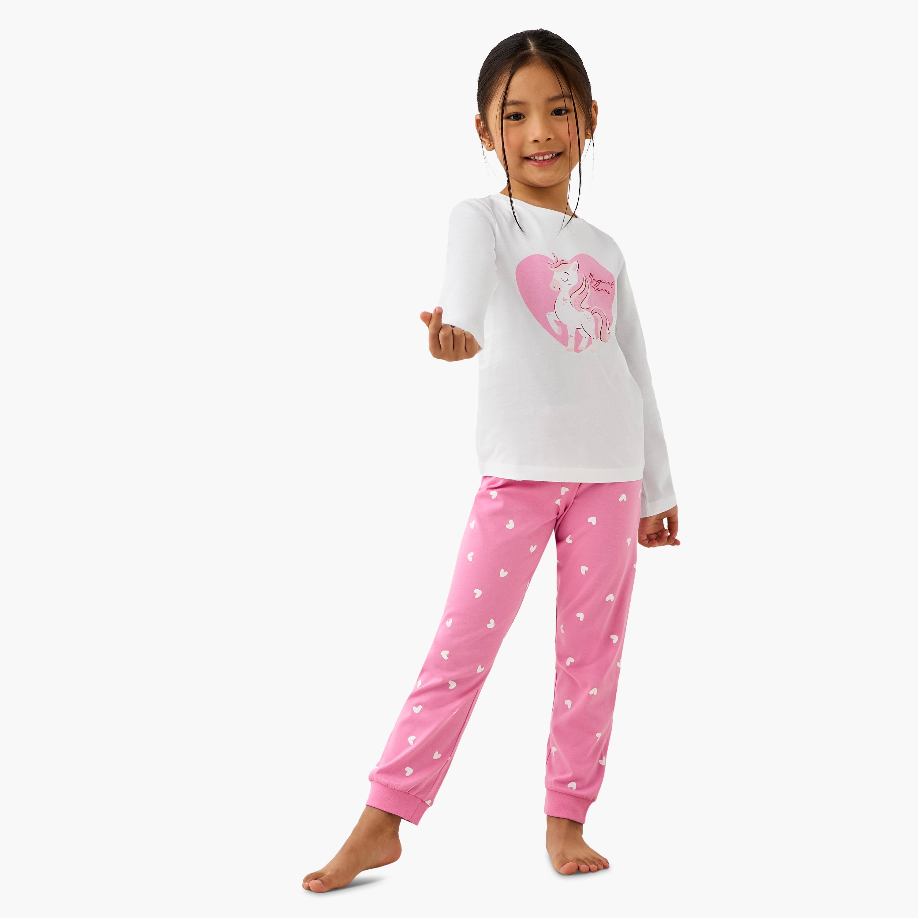 Pack of 2 Cotton Crew Neck Long Sleeve Pyjama Set with Unicorn Print