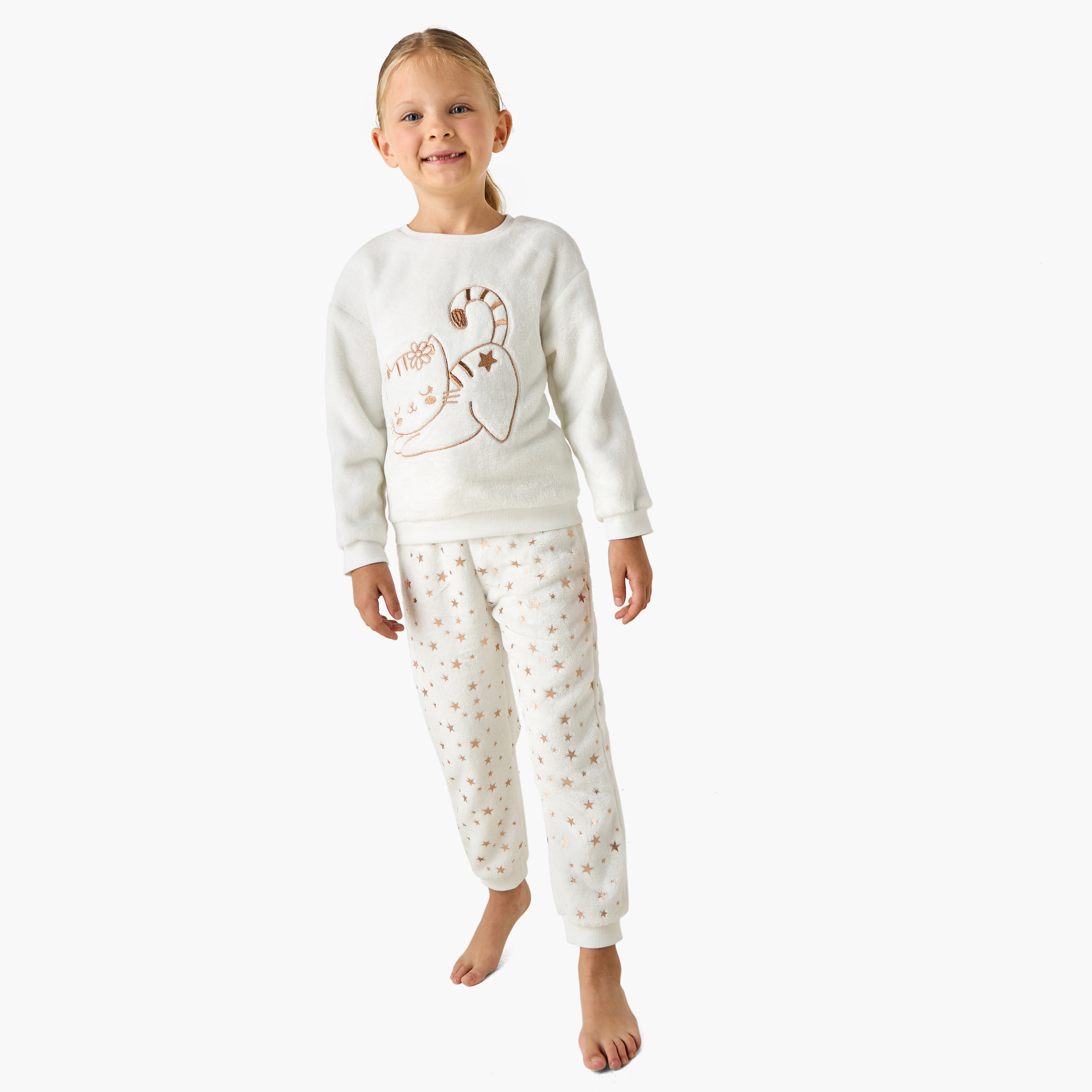 Juniors Girls Pyjama Set with Print - Cotton Blend - Long Sleeves - Crew Neck - Cream / 2-3 yrs