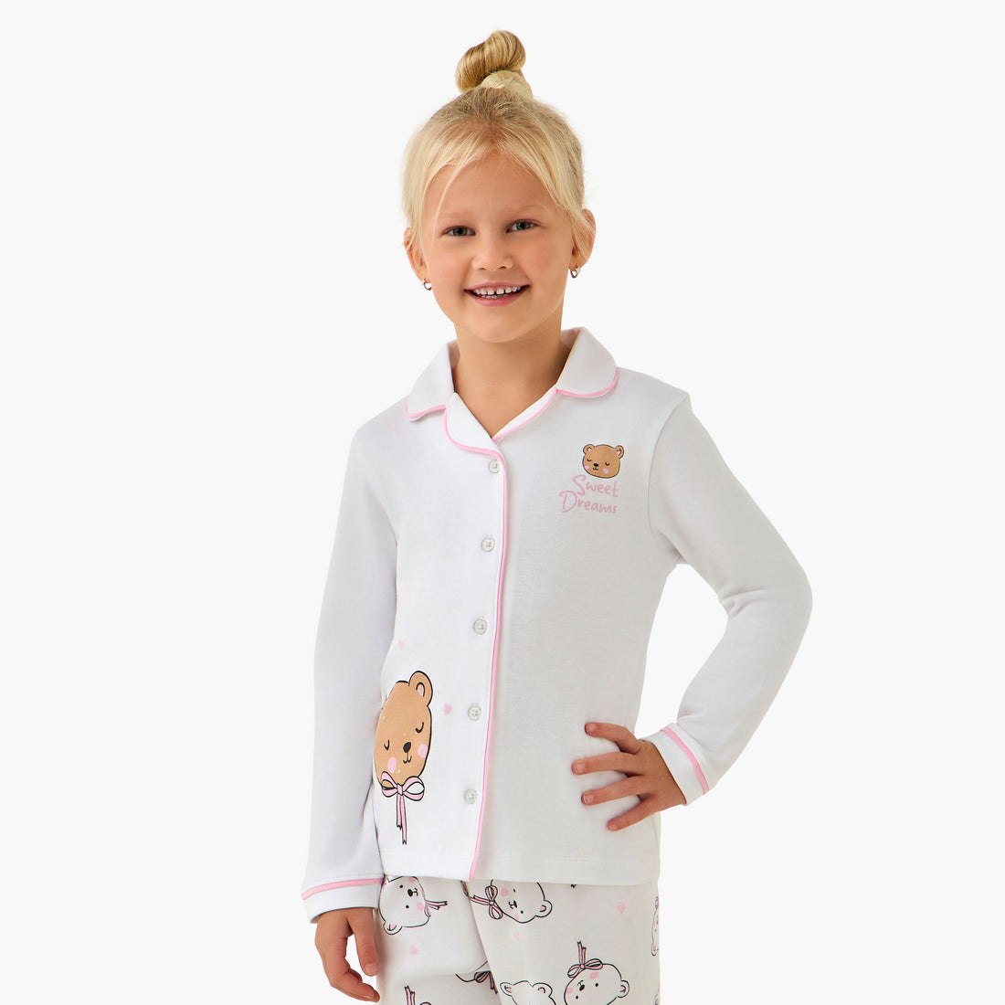 Juniors Cotton Collared Long Sleeves Pyjama Set with Bear Print