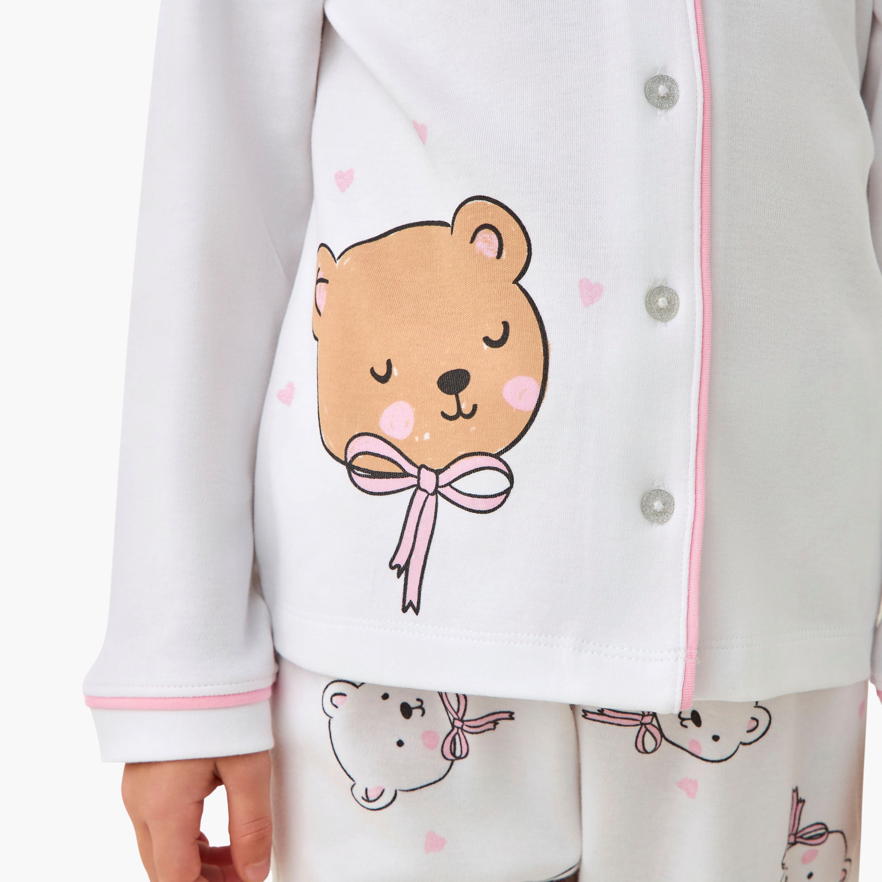 Juniors Cotton Collared Long Sleeves Pyjama Set with Bear Print