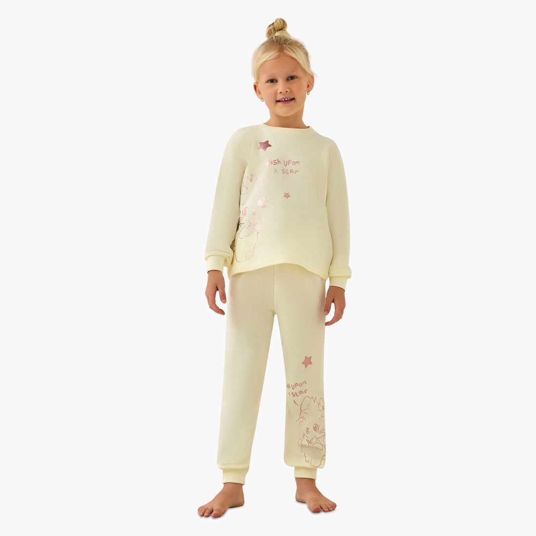 Juniors Cotton Crew Neck Long Sleeves Pyjama Set with Cat Print