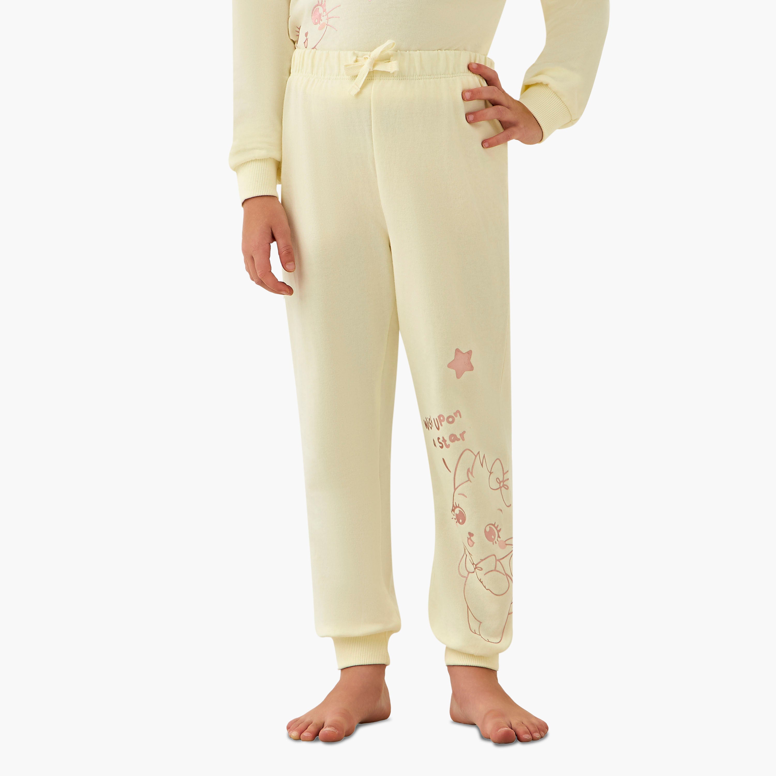 Juniors Cotton Crew Neck Long Sleeves Pyjama Set with Cat Print