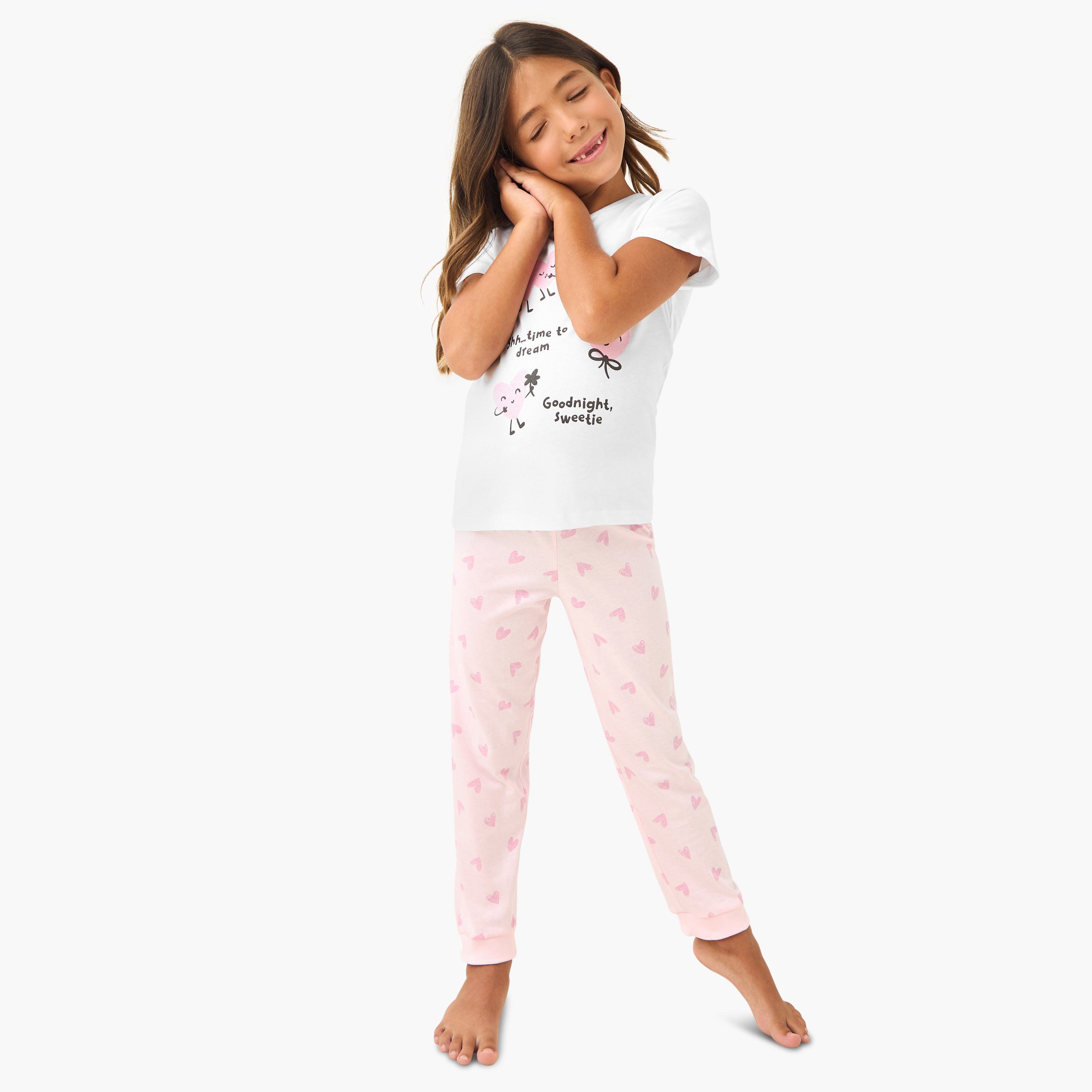 Juniors Heart Print T-shirt and Pyjama Set - White / 2-3 yrs