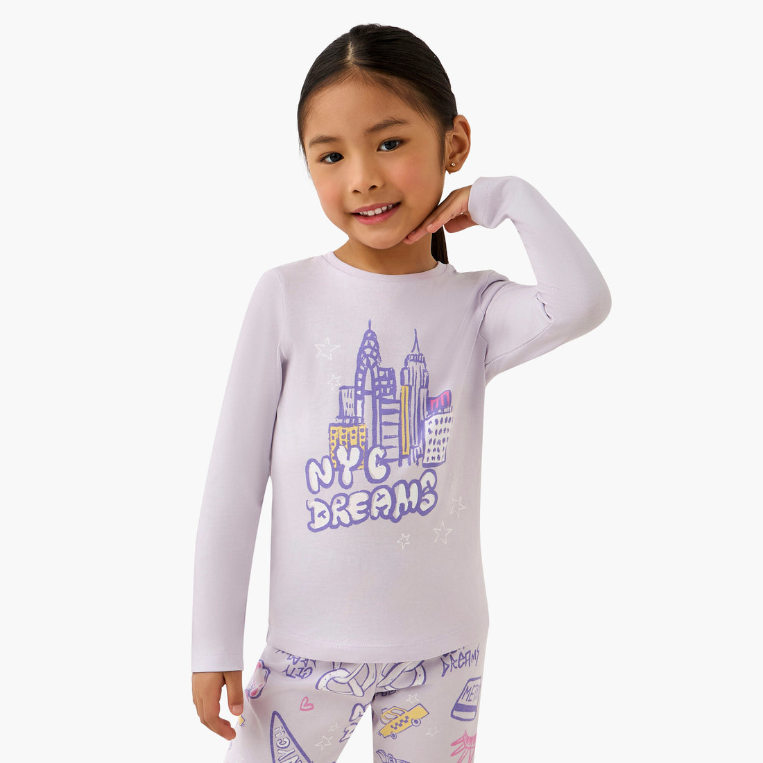 Juniors Cotton Crew Neck Long Sleeves Pyjama Set with NYC Print