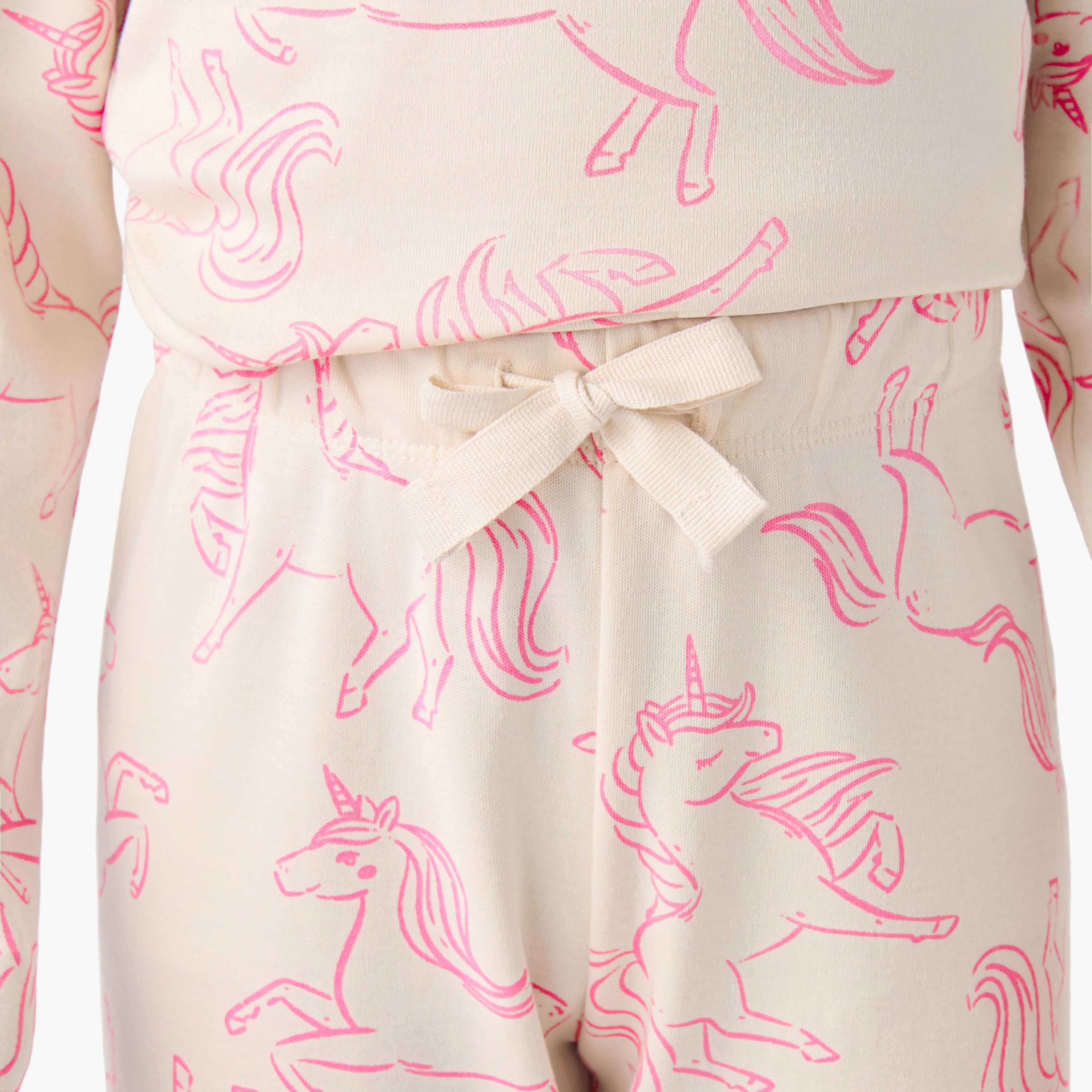 Juniors Cotton Crew Neck Long Sleeves Pyjama Set with Unicorn Print