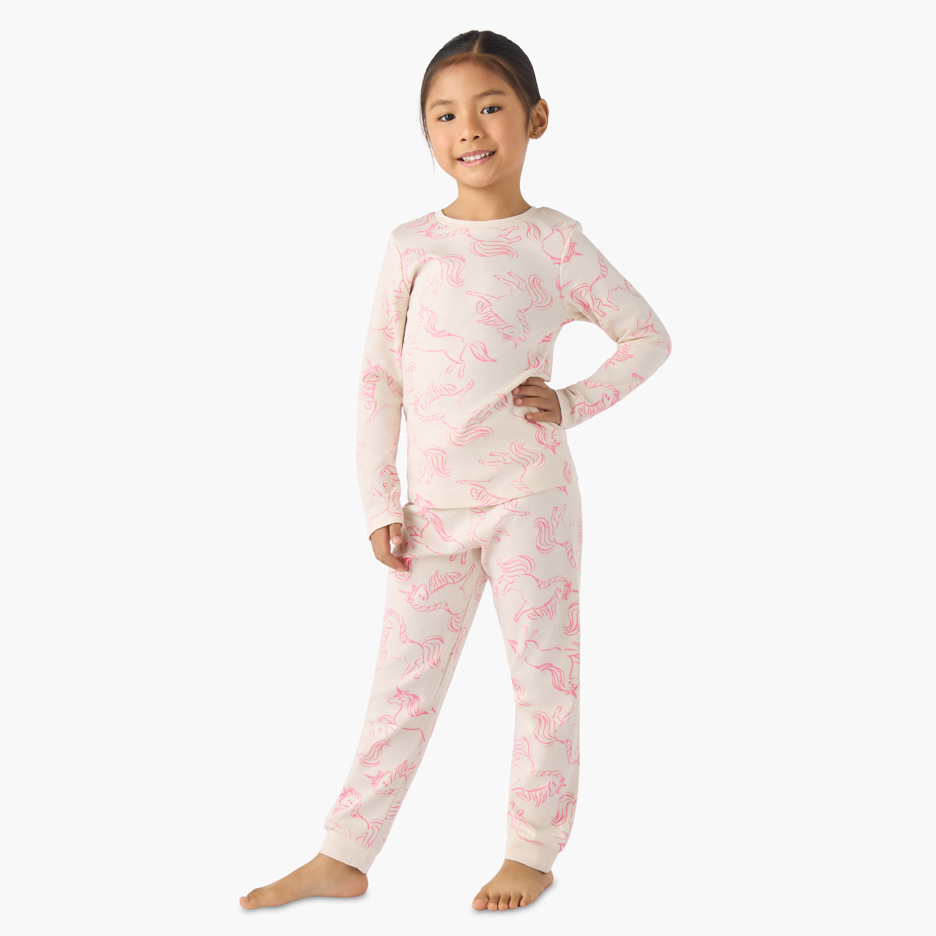 Juniors Cotton Crew Neck Long Sleeves Pyjama Set with Unicorn Print