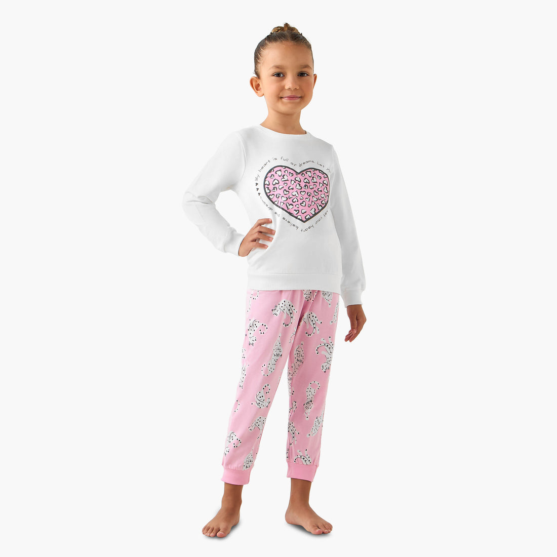 Juniors Cotton Crew Neck Long Sleeves Pyjama Set with Heart Leopard Print - White / 7-8 yrs