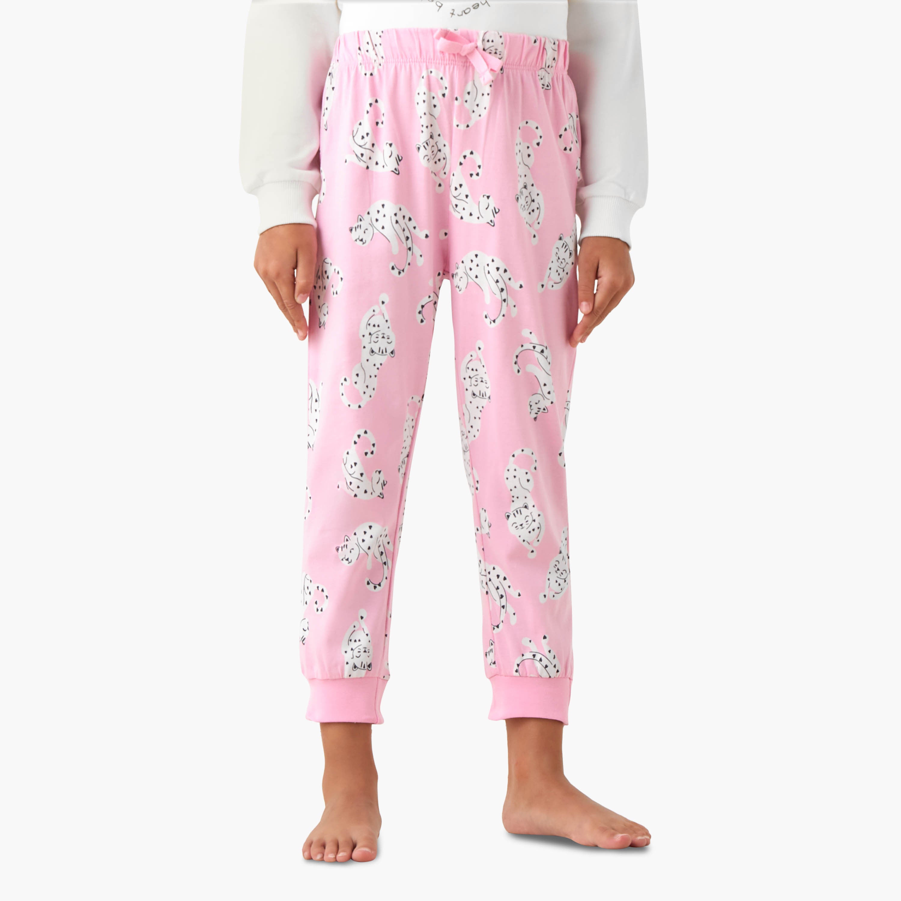Juniors Cotton Crew Neck Long Sleeves Pyjama Set with Heart Leopard Print