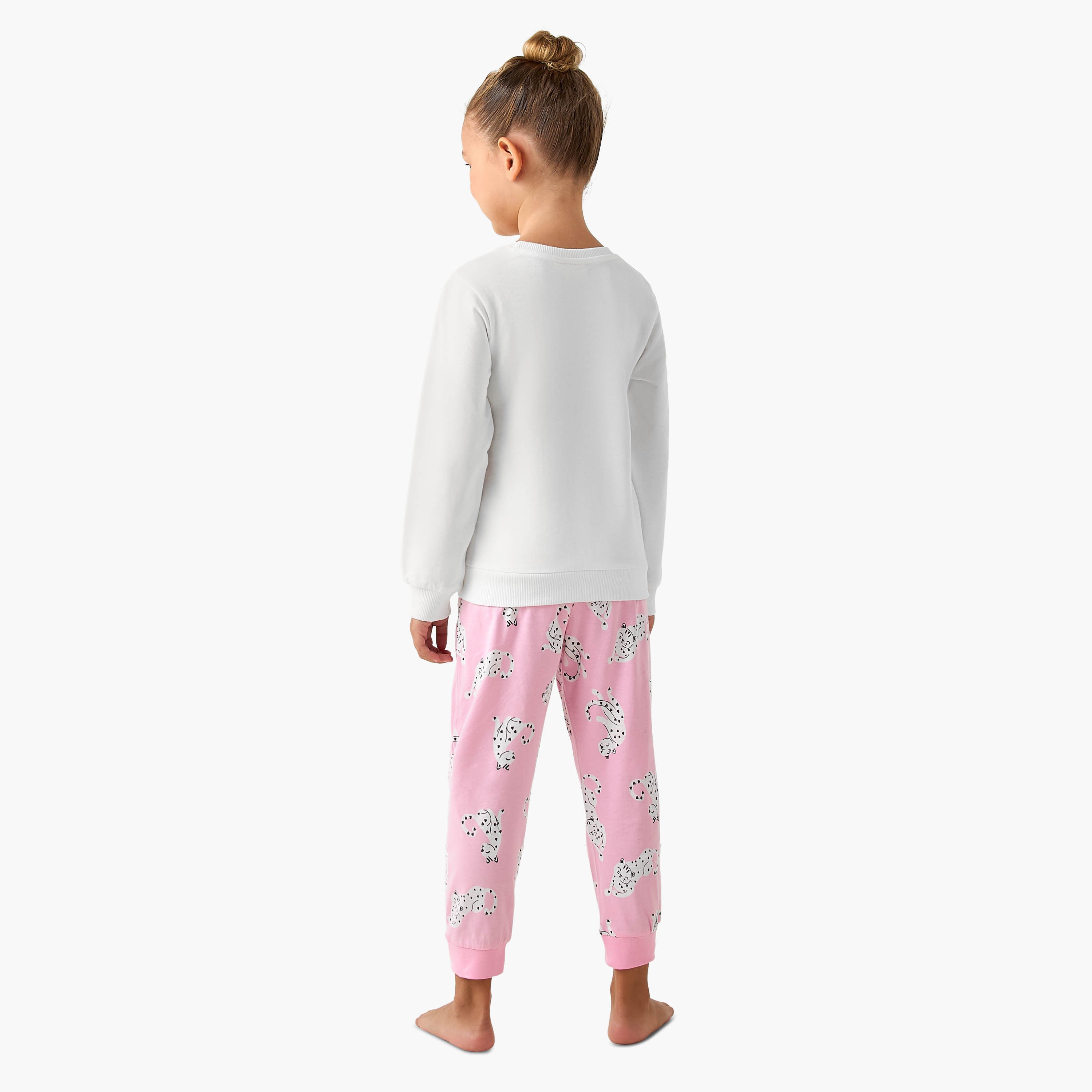 Juniors Cotton Crew Neck Long Sleeves Pyjama Set with Heart Leopard Print