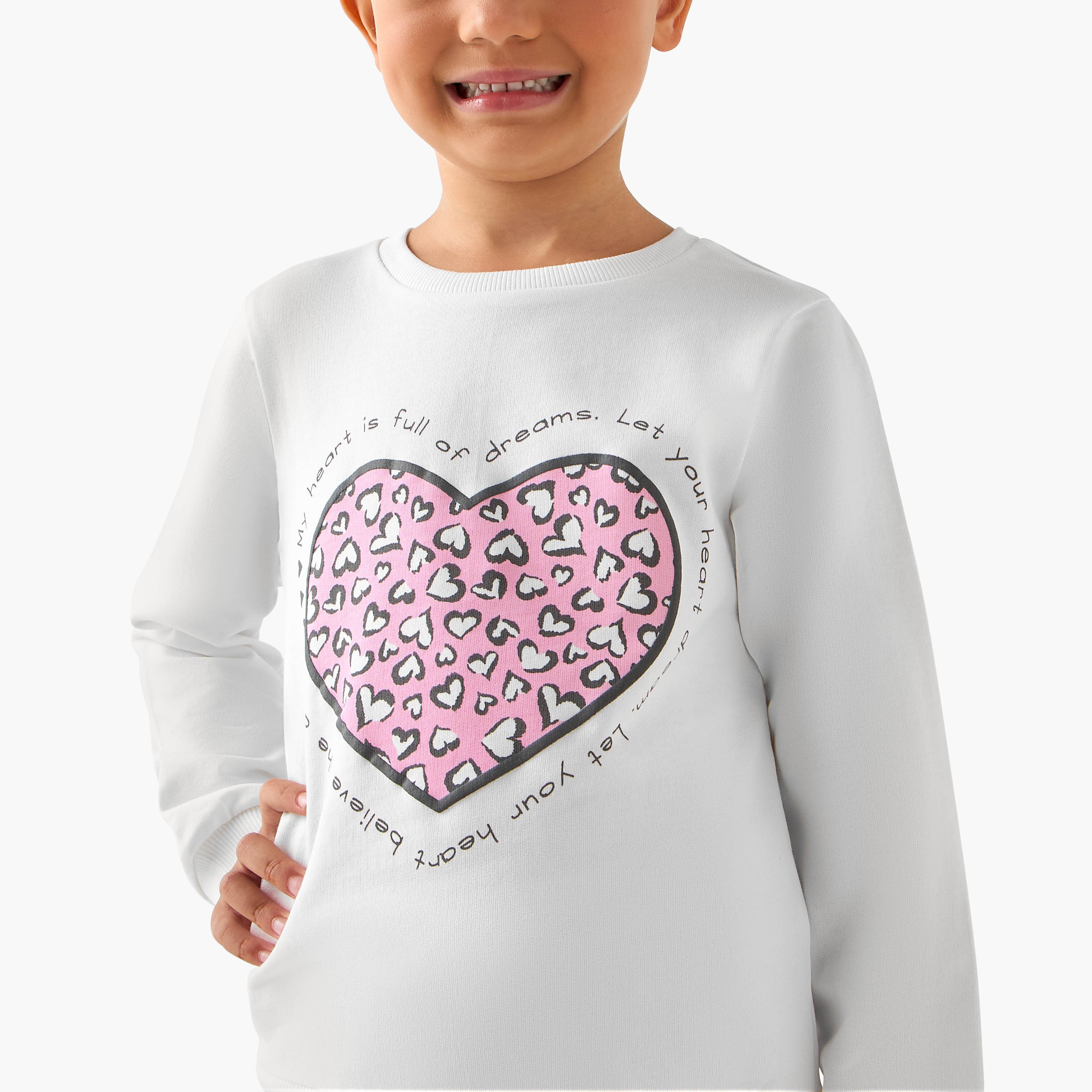 Juniors Cotton Crew Neck Long Sleeves Pyjama Set with Heart Leopard Print