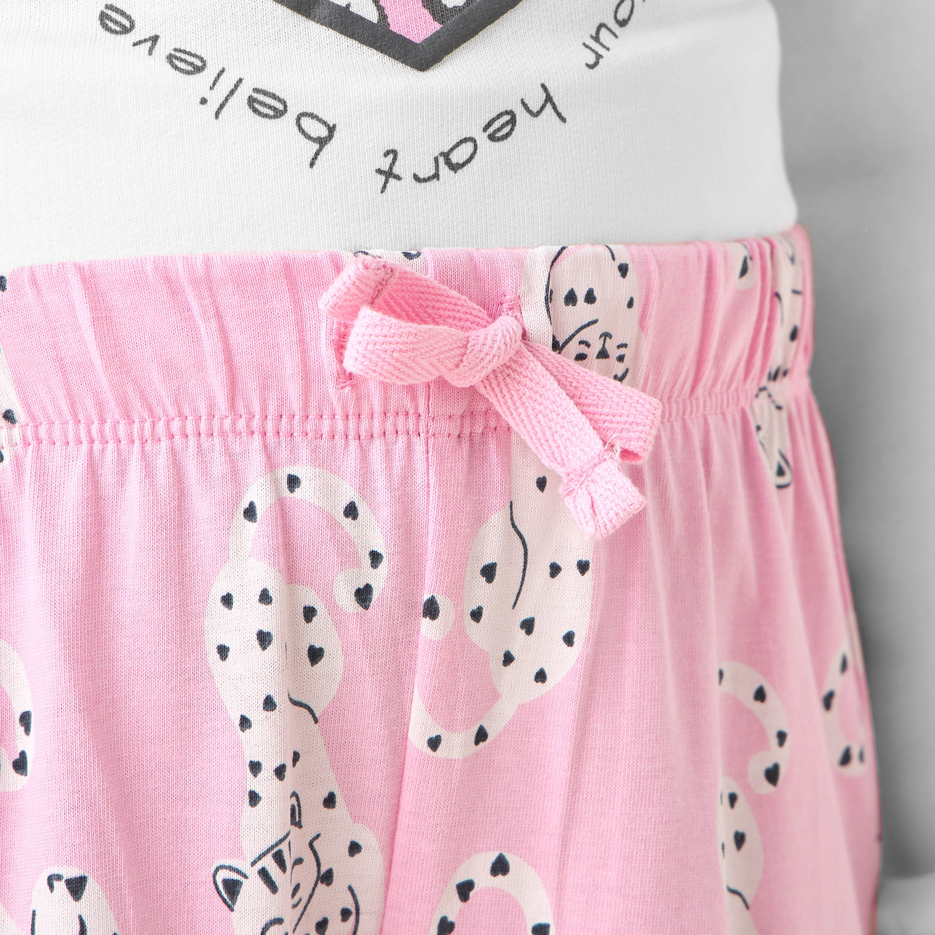 Juniors Cotton Crew Neck Long Sleeves Pyjama Set with Heart Leopard Print