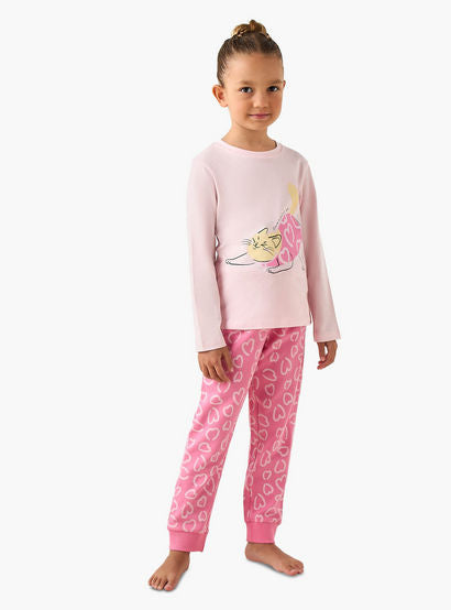 Juniors Cotton Crew Neck Long Sleeves Pyjama Set with Heart Cat Print-promo_babyshop_Buy2for69_UAE130126-image-1