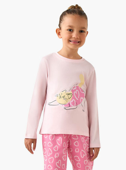 Juniors Cotton Crew Neck Long Sleeves Pyjama Set with Heart Cat Print-promo_babyshop_Buy2for69_UAE130126-image-2
