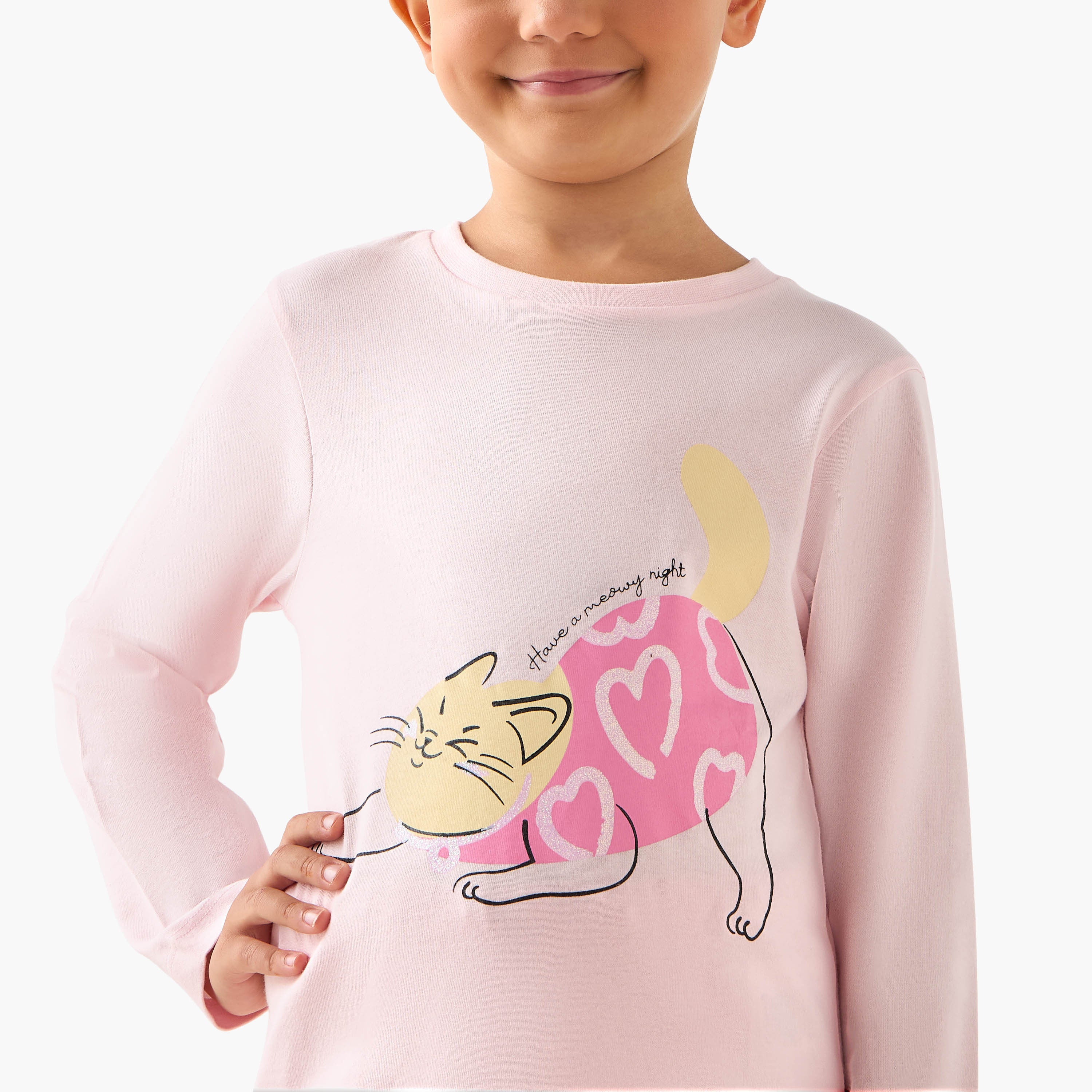 Juniors Cotton Crew Neck Long Sleeves Pyjama Set with Heart Cat Print