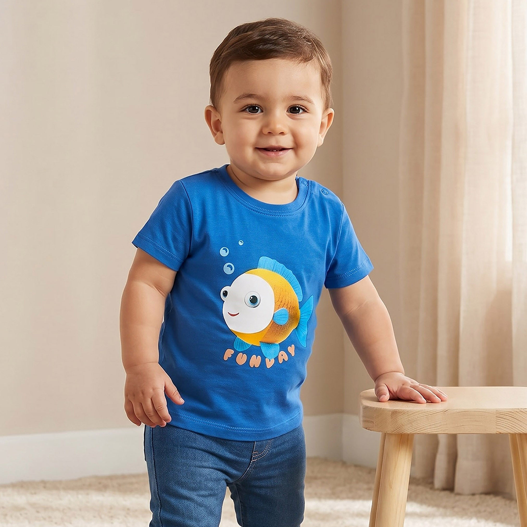 Juniors Crew Neck Short Sleeves T-shirt with Fish Print