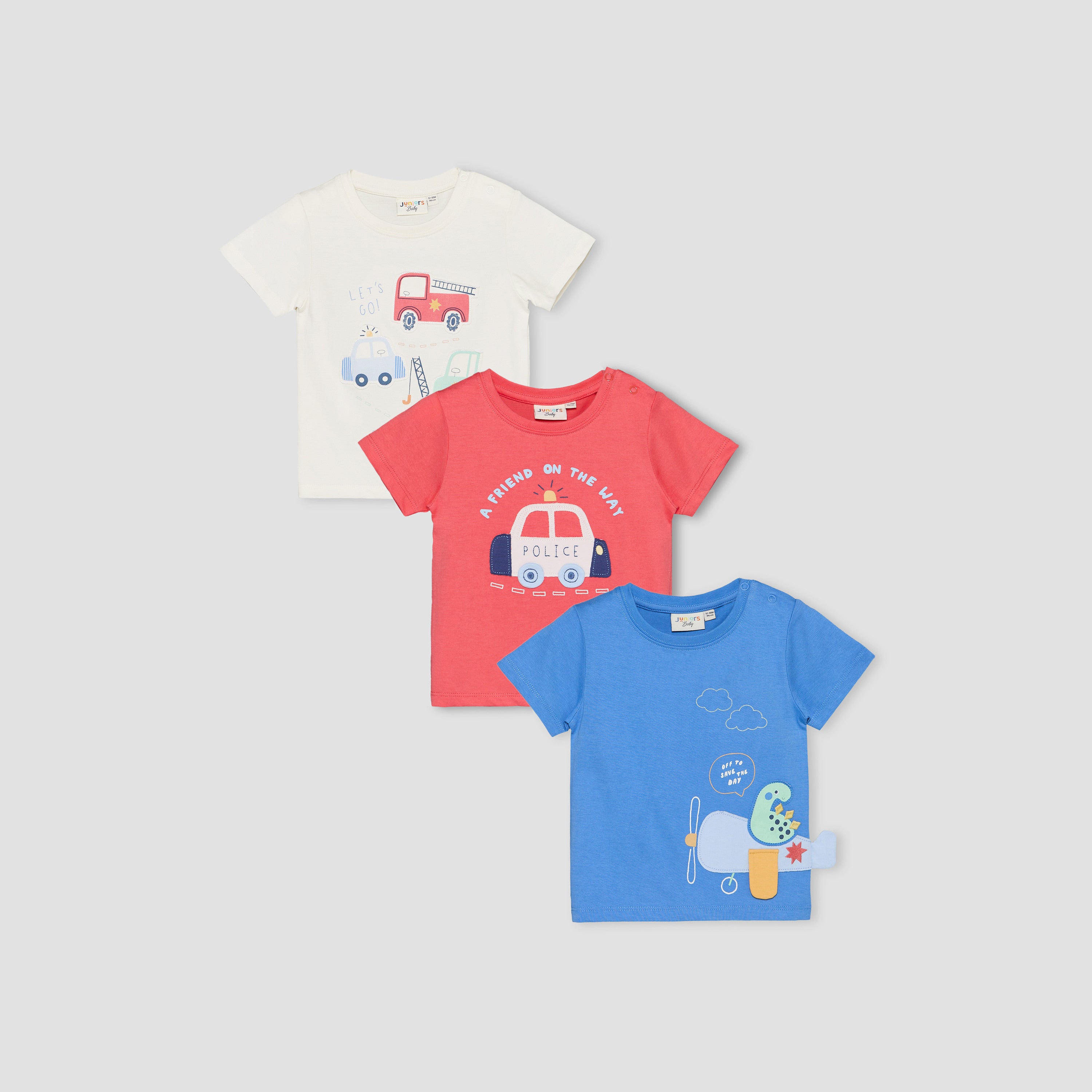 Pack of 3 Juniors Crew Neck Short Sleeves T-shirt with Applique Detail - Multicolour / 12-18 mths