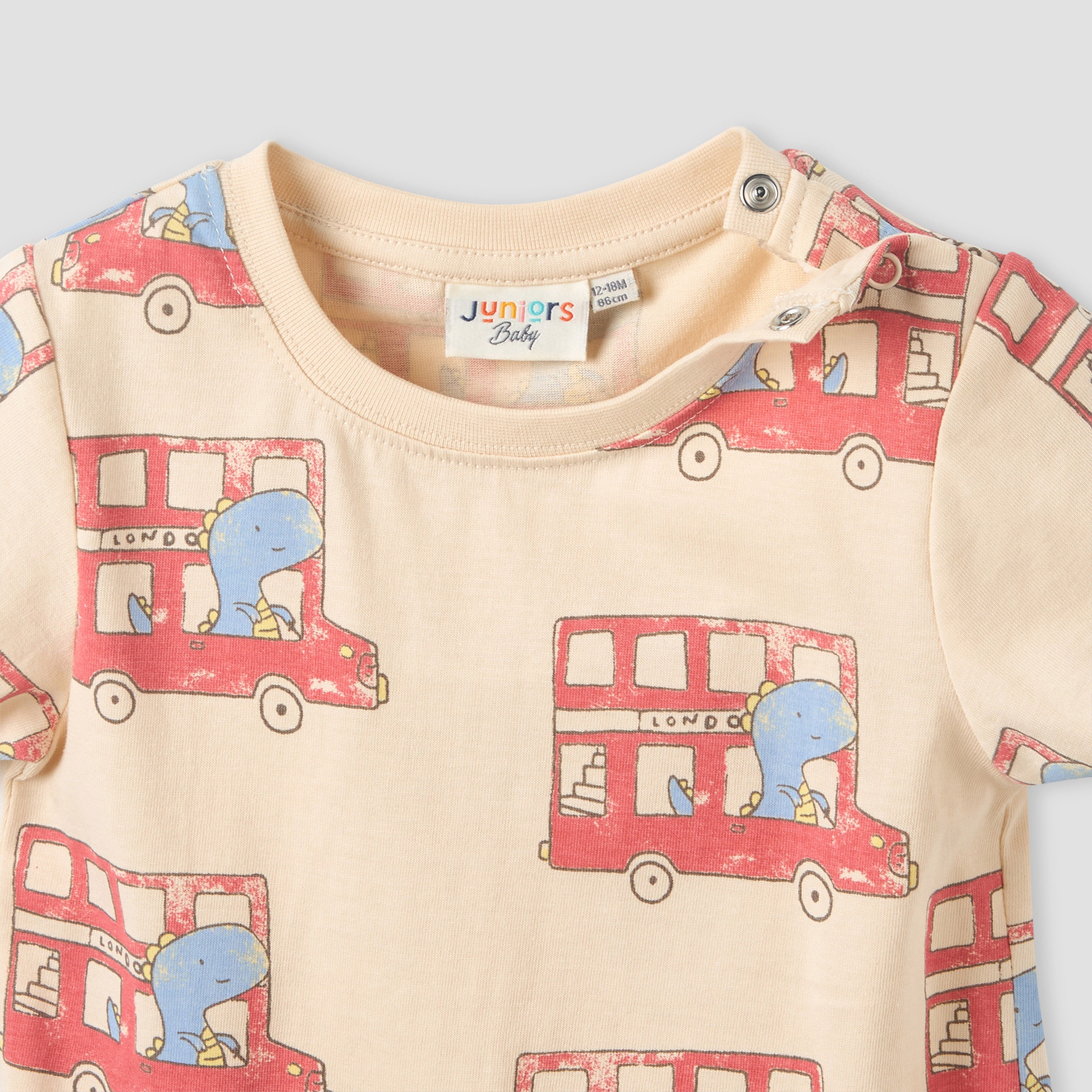 Juniors Crew Neck Short Sleeves T-shirt with Dinosaur Bus Print