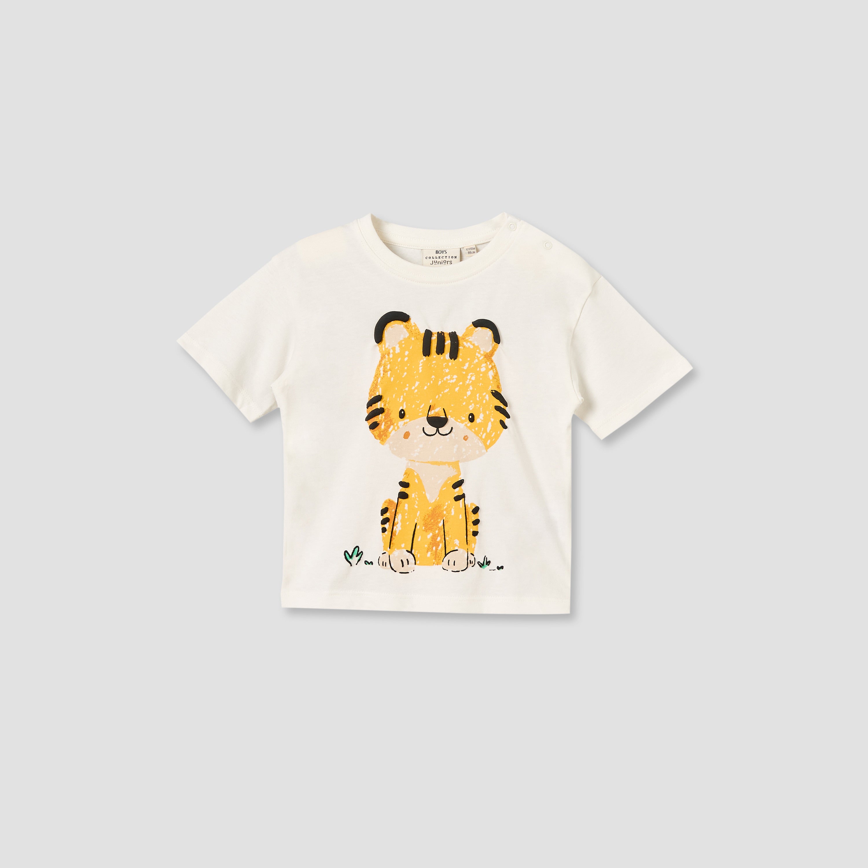 Juniors Crew Neck Short Sleeves T-shirt with Tiger Print - White / 12-18 mths