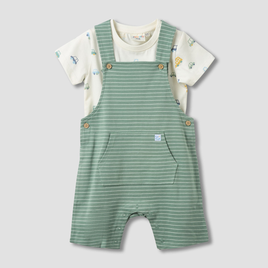 Juniors Crew Neck Short Sleeve T-shirt and Dungaree Set with Stripes - Green / 12-18 mths