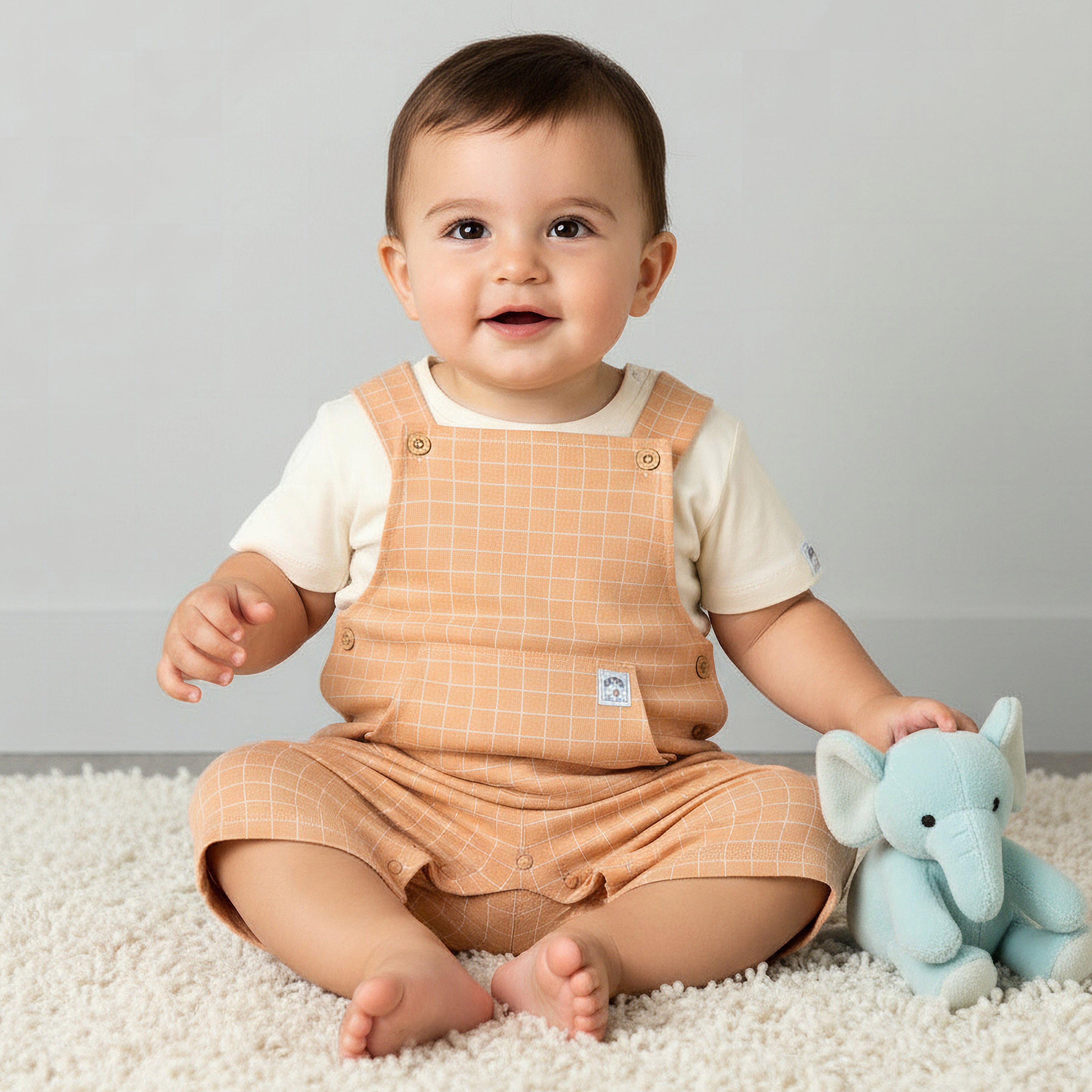 Juniors Crew Neck Short Sleeves T-shirt and Dungaree Set with Checks Detail