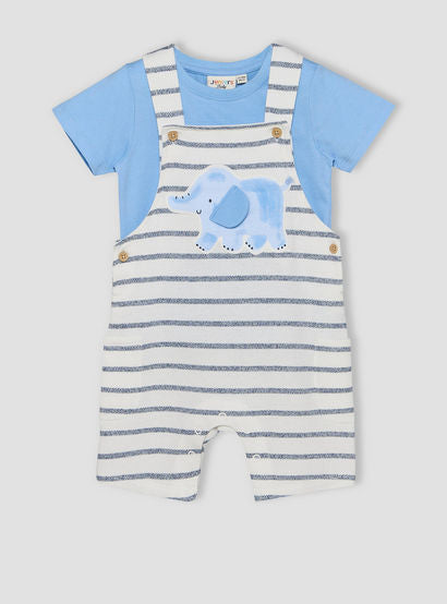 Juniors Crew Neck Short Sleeves T-shirt and Dungaree Set with Elephant Applique-baby-boys-clothing-setsandcoords-image-2