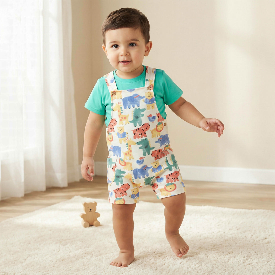 Juniors Crew Neck Short Sleeves T-shirt and Dungaree Set with Safari Print - Multicolour / 12-18 mths