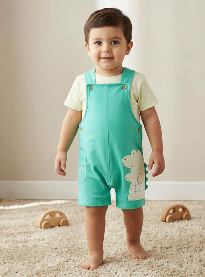 Juniors Round Neck Short Sleeve T-shirt and Dungaree Set with Alligator Applique-baby-boys-clothing-setsandcoords-image-1