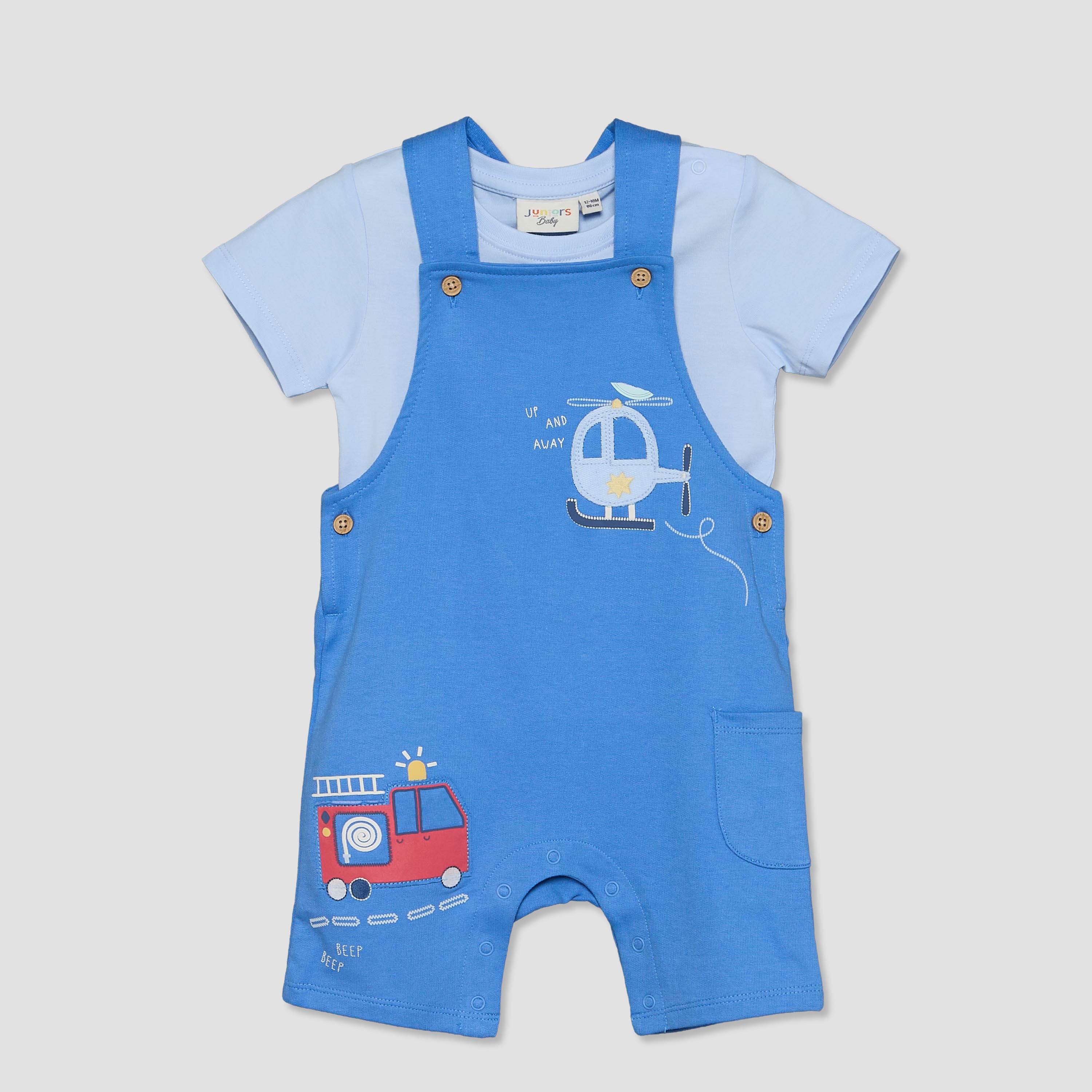Juniors Crew Neck Short Sleeves T-shirt and Dungaree Set with Vehicle Applique - Blue / 12-18 mths