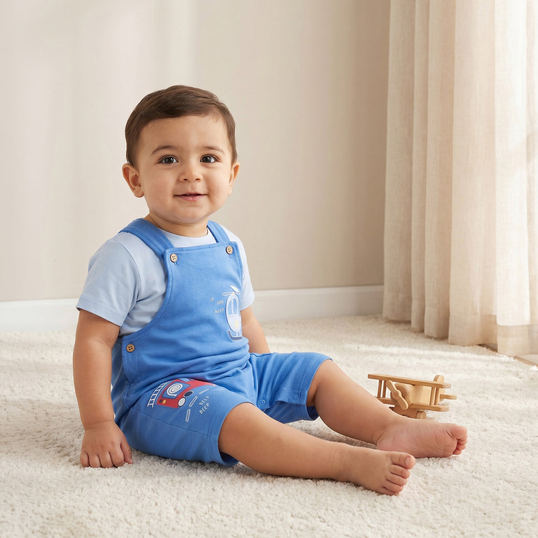 Juniors Crew Neck Short Sleeves T-shirt and Dungaree Set with Vehicle Applique - Blue / 24-36 mths