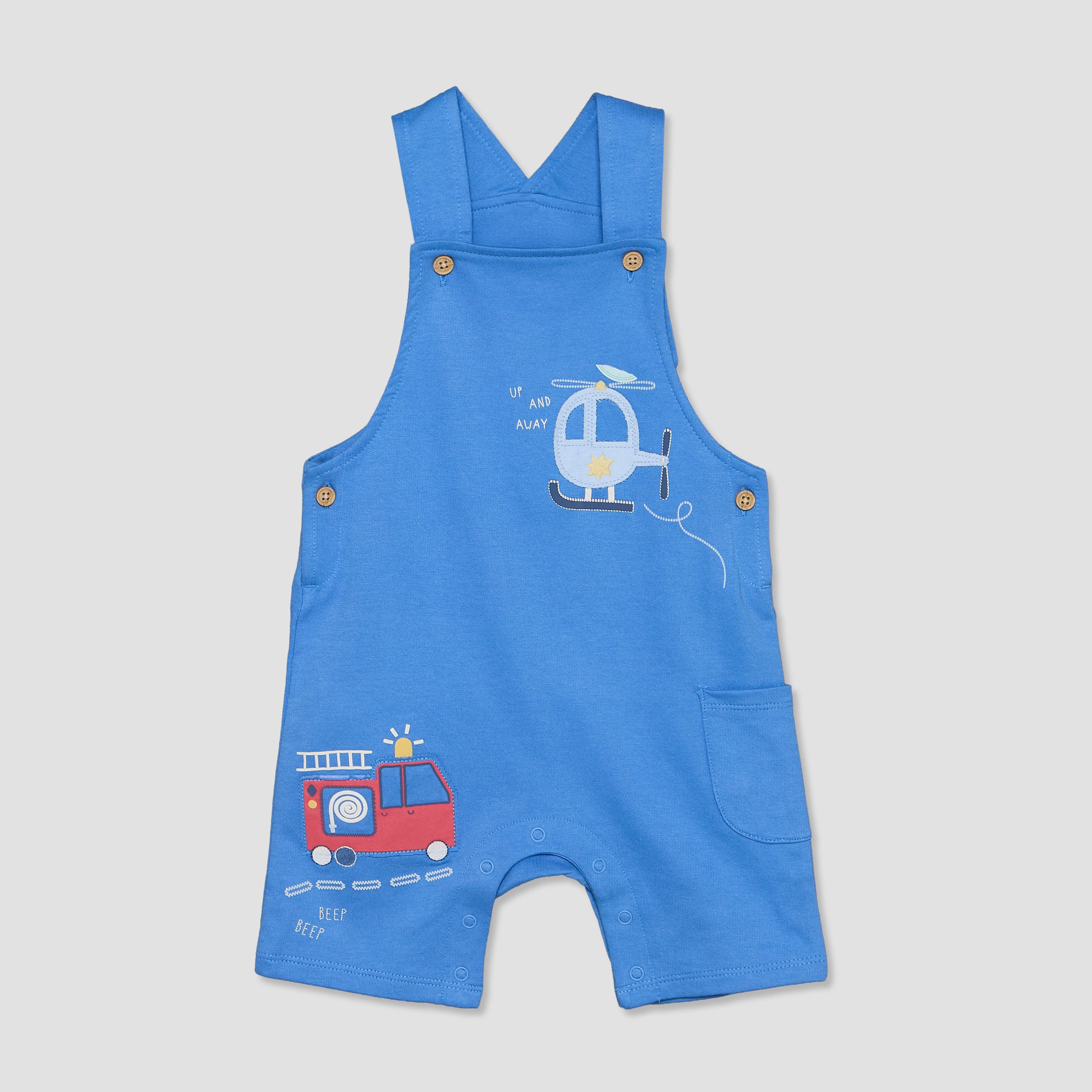 Juniors Crew Neck Short Sleeves T-shirt and Dungaree Set with Vehicle Applique