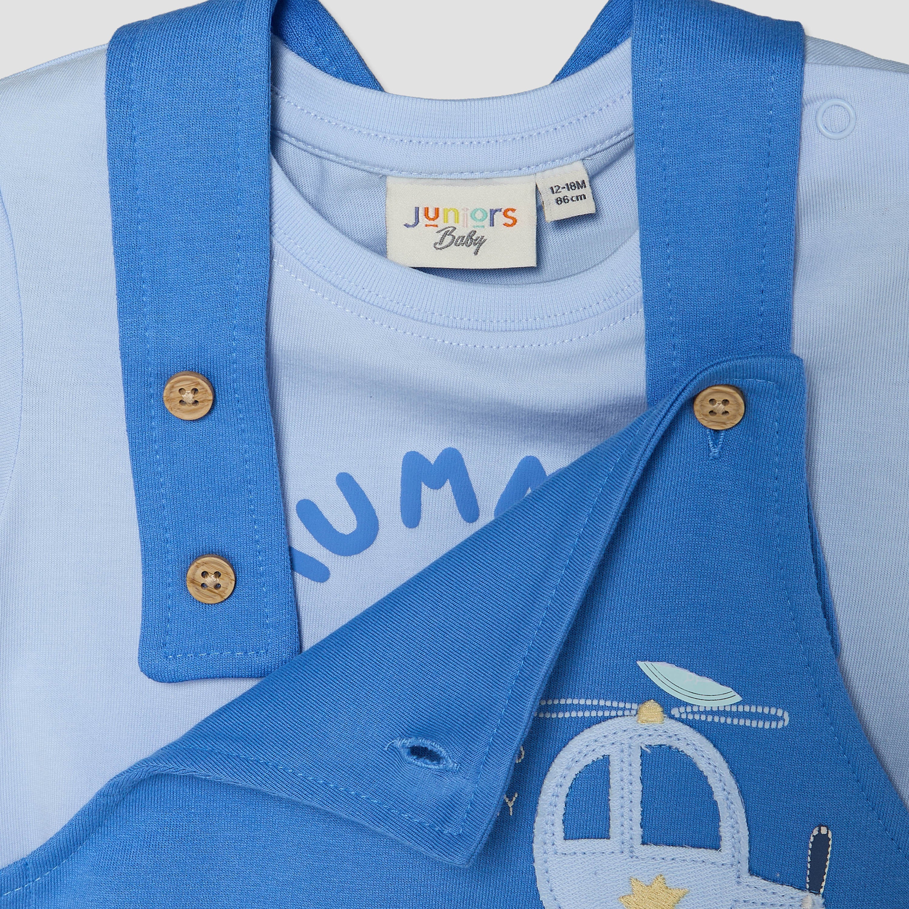 Juniors Crew Neck Short Sleeves T-shirt and Dungaree Set with Vehicle Applique