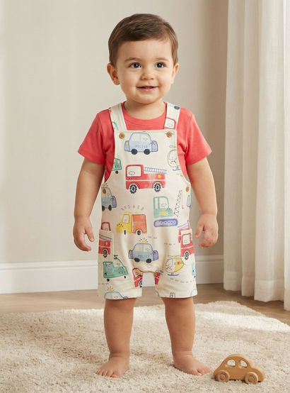 Juniors Crew Neck Short Sleeves T-shirt and Dungaree Set with Vehicle Print-baby-boys-clothing-setsandcoords-image-1