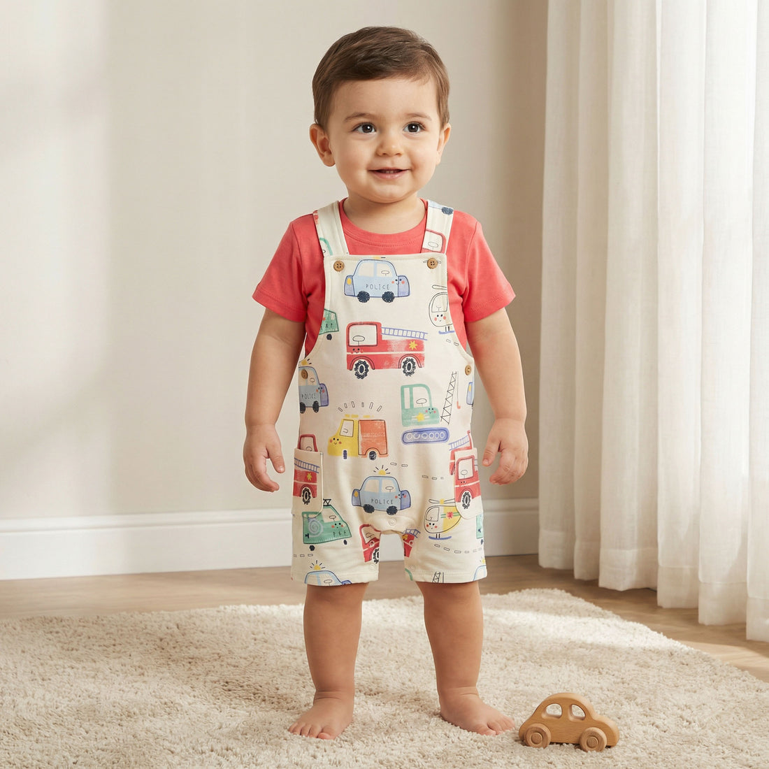 Juniors Crew Neck Short Sleeves T-shirt and Dungaree Set with Vehicle Print - Multicolour / 12-18 mths