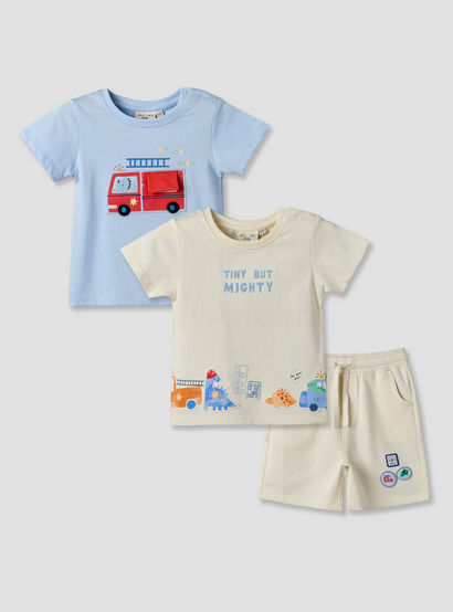 Set of 3 Juniors Round Neck Short Sleeves T-shirt and Shorts Set with Applique Detail-baby-boys-clothing-setsandcoords-image-1
