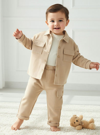 Juniors Collared Neck Long Sleeve Shirt and Pants Set with Pockets-baby-boys-clothing-setsandcoords-image-1