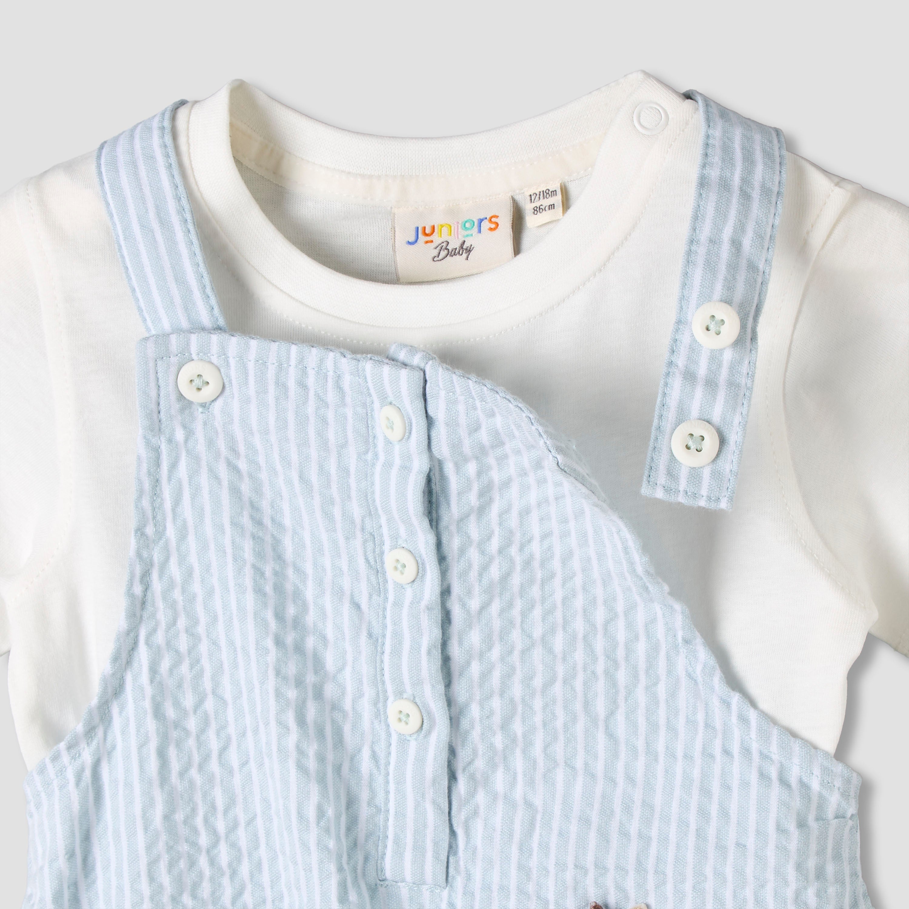 Juniors Round Neck Short Sleeve T-shirt and Dungaree Set with Cap