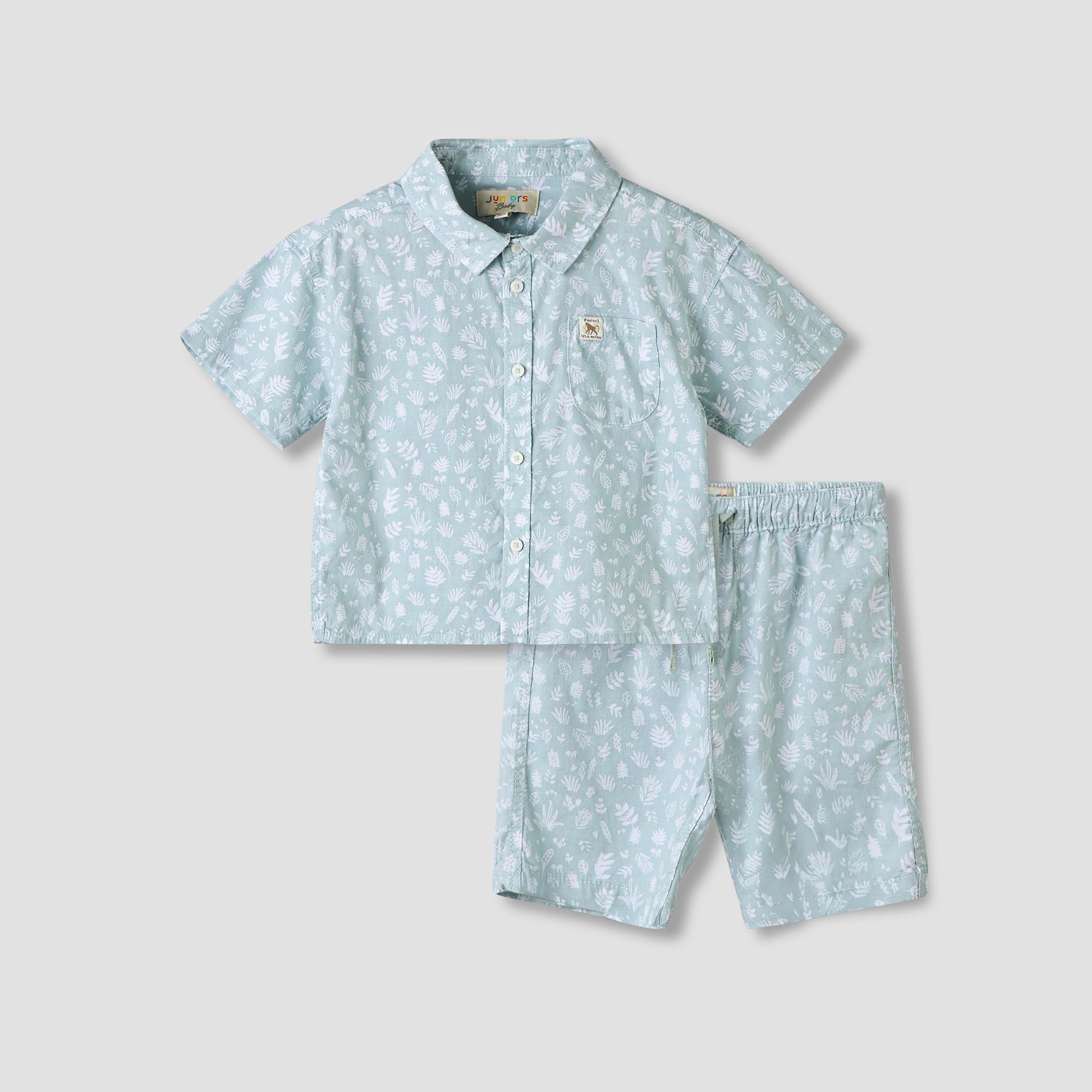 Juniors Collared Short Sleeves Shirt and Shorts Set with Print - Green / 12-18 mths