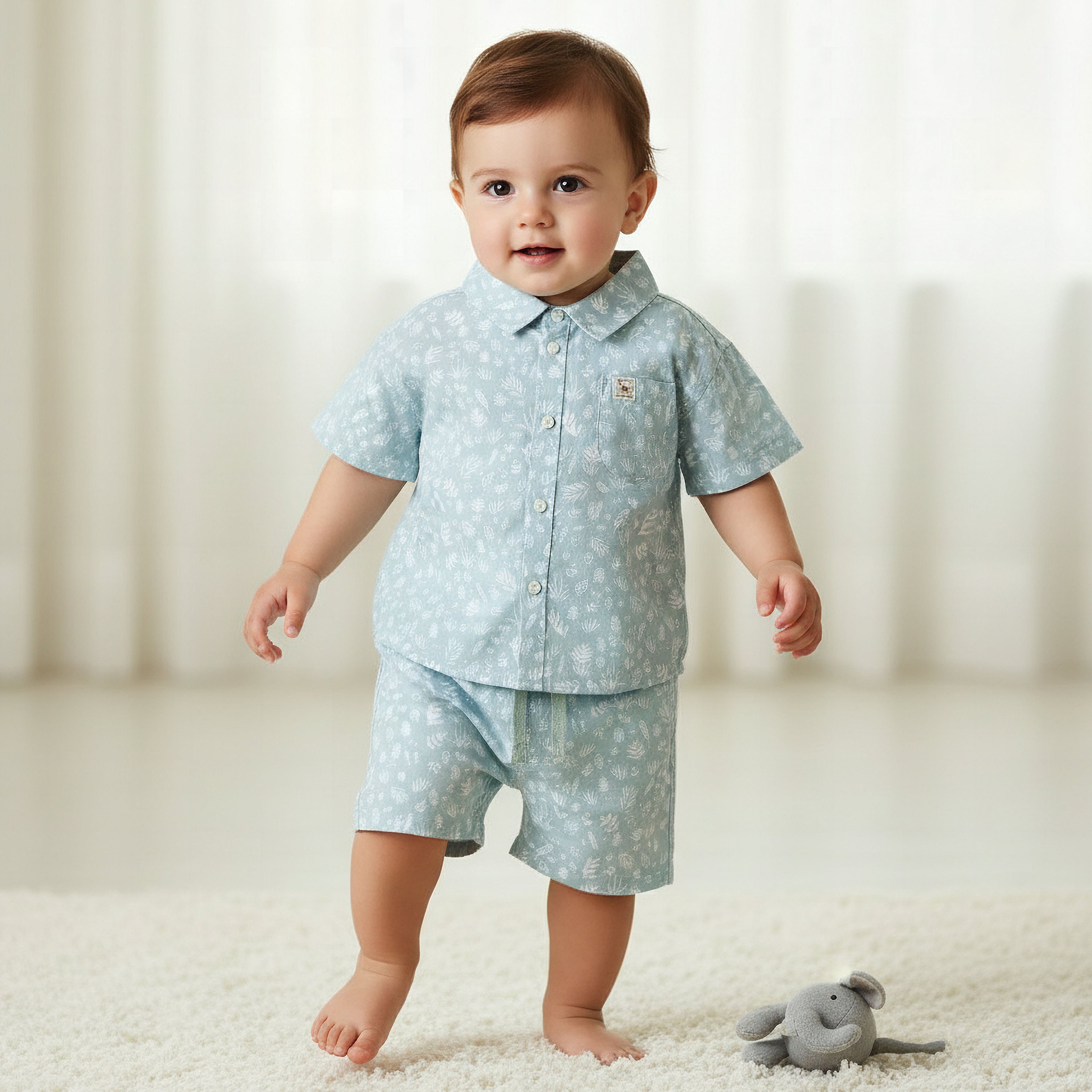 Juniors Collared Short Sleeves Shirt and Shorts Set with Print