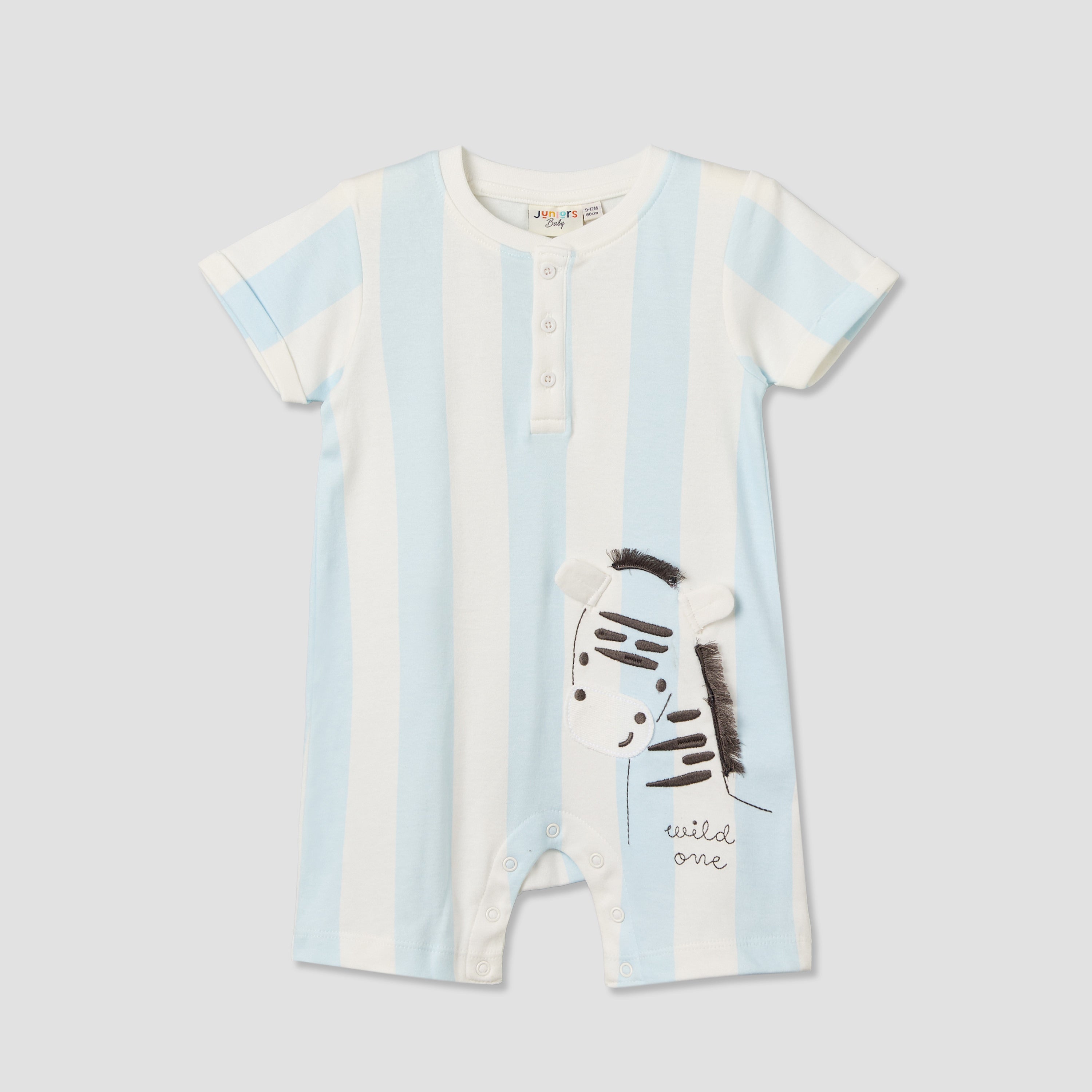 Juniors Henley Neck Short Sleeve Romper with Zebra Applique