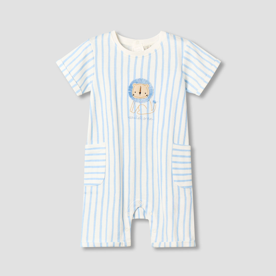 Juniors Crew Neck Short Sleeves Romper with Striped Lion Applique - Multicolour / 12-18 mths