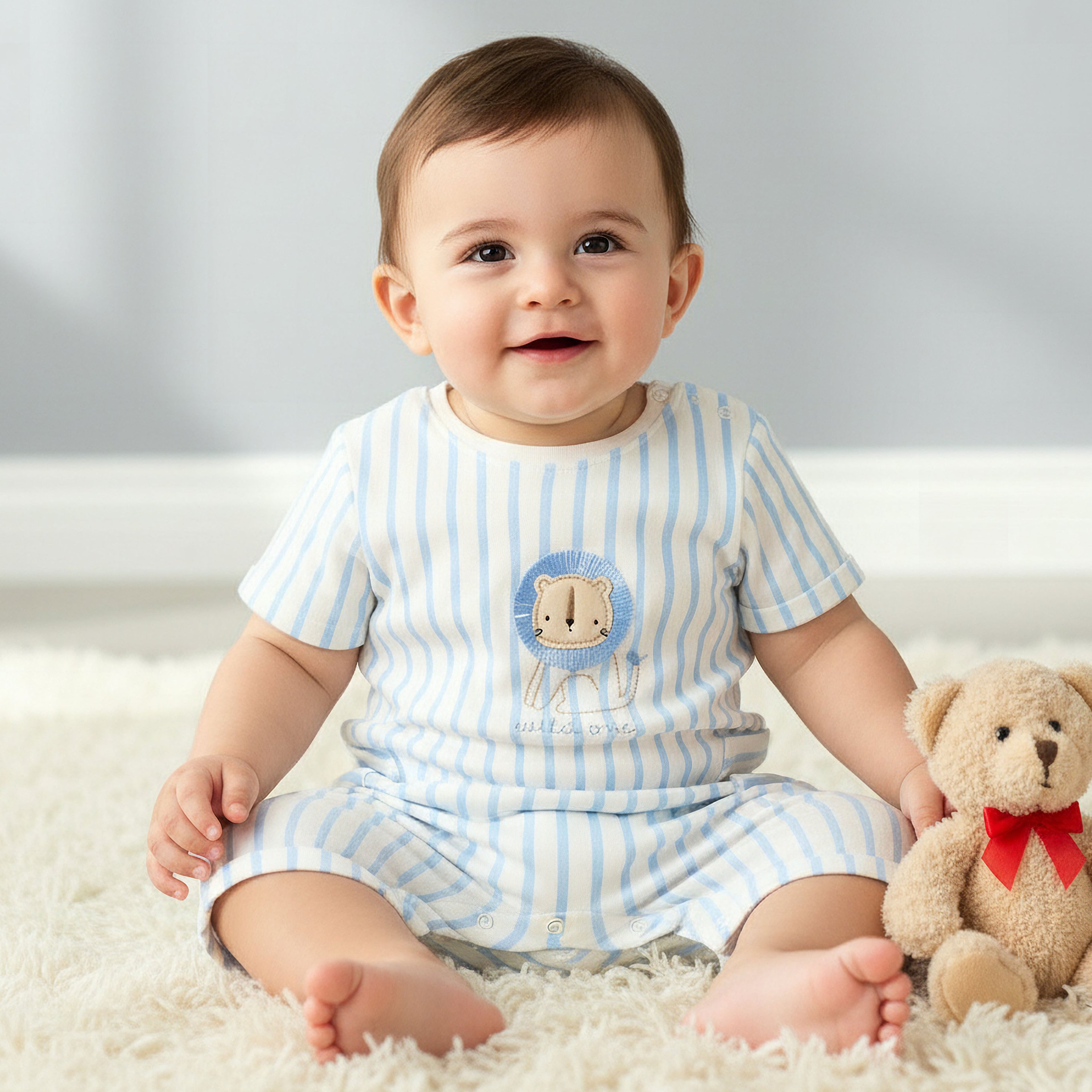 Juniors Crew Neck Short Sleeves Romper with Striped Lion Applique
