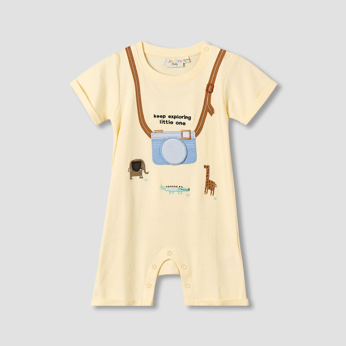Juniors Crew Neck Short Sleeves Romper with Animal Embroidery - Yellow / 12-18 mths
