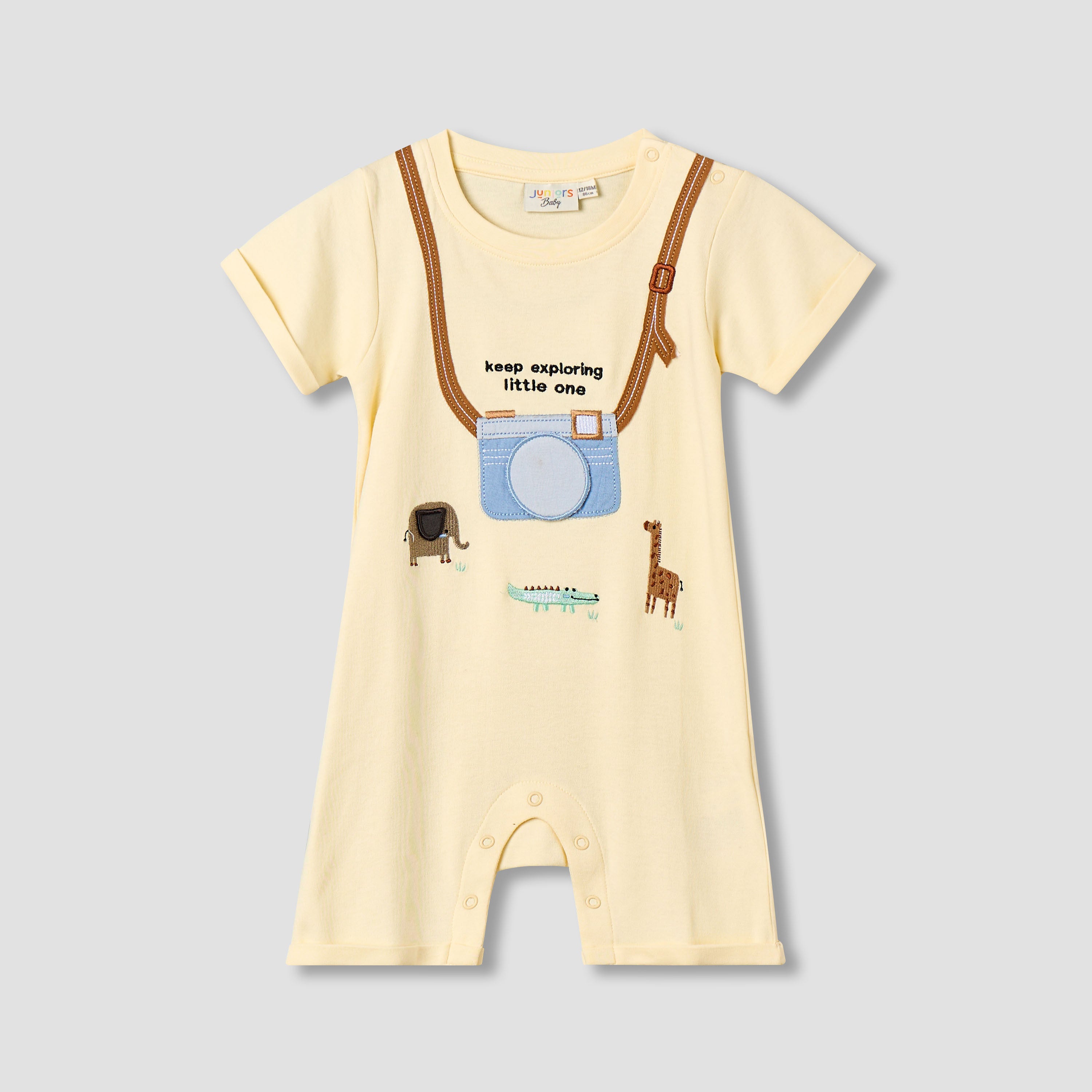 Juniors Crew Neck Short Sleeves Romper with Animal Embroidery - Yellow / 12-18 mths