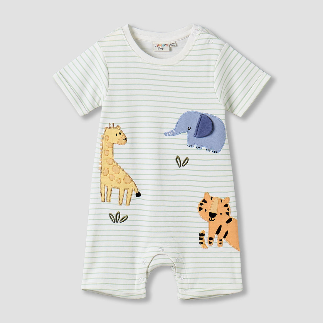 Juniors Short Sleeves Romper with Striped Animal Applique - White / 12-18 mths