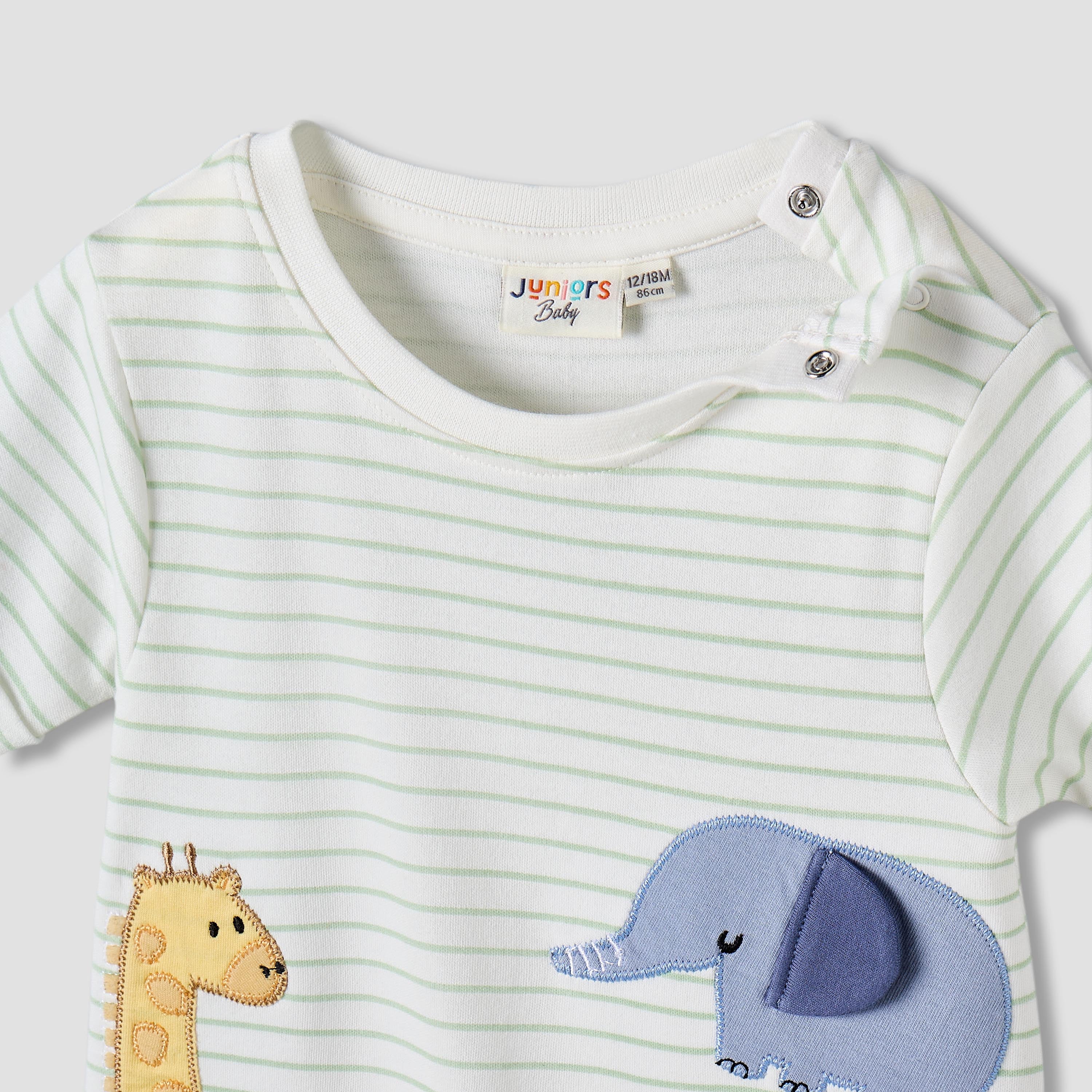 Juniors Short Sleeves Romper with Striped Animal Applique